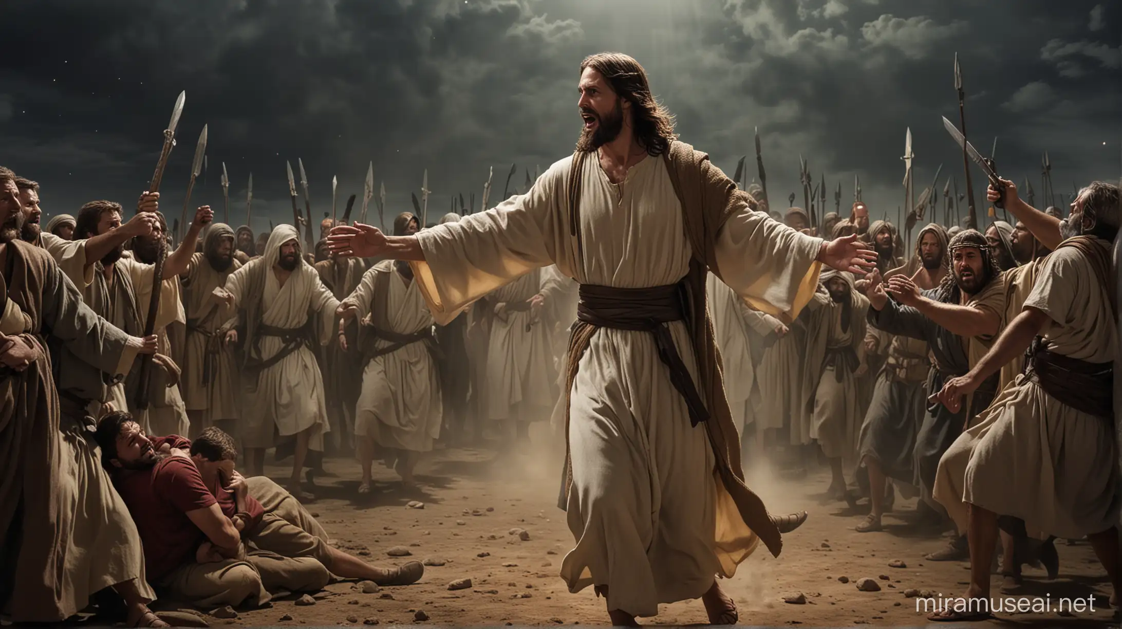 jesus protecting people at  night against bad men