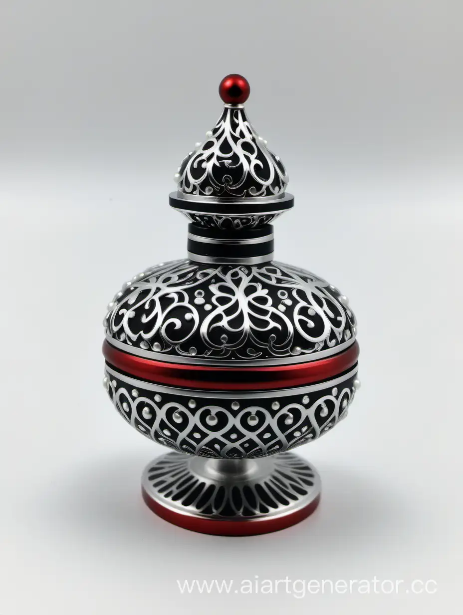 Elegant-Zamac-Perfume-Cap-in-Pearl-White-and-Black-with-Red-and-White-Arabesque-Design
