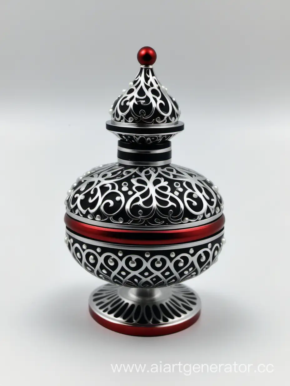 Zamac Perfume decorative ornamental long cap, pearl white black color with matt RED WHITE border line with dots in middle arabesque pattern shaped | metallizing finish