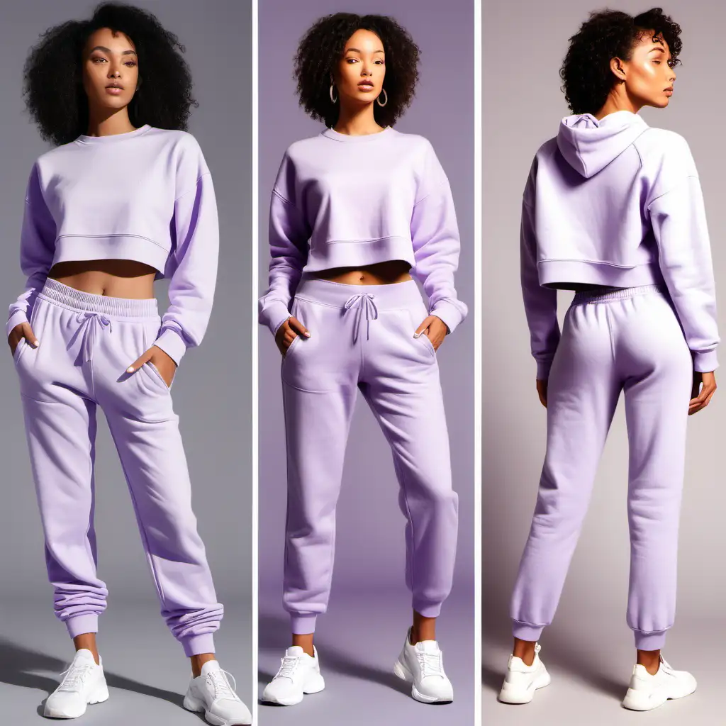 Slim Women in Lavender Sweatpants and Crop Sweatshirt Poses