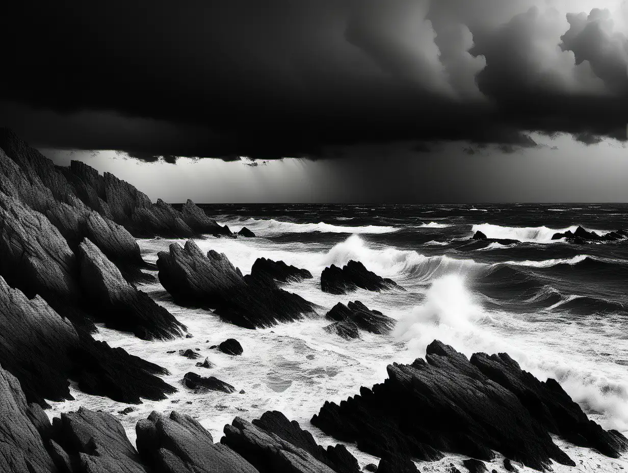 stormy rocks by sea side 
 art
 white and black