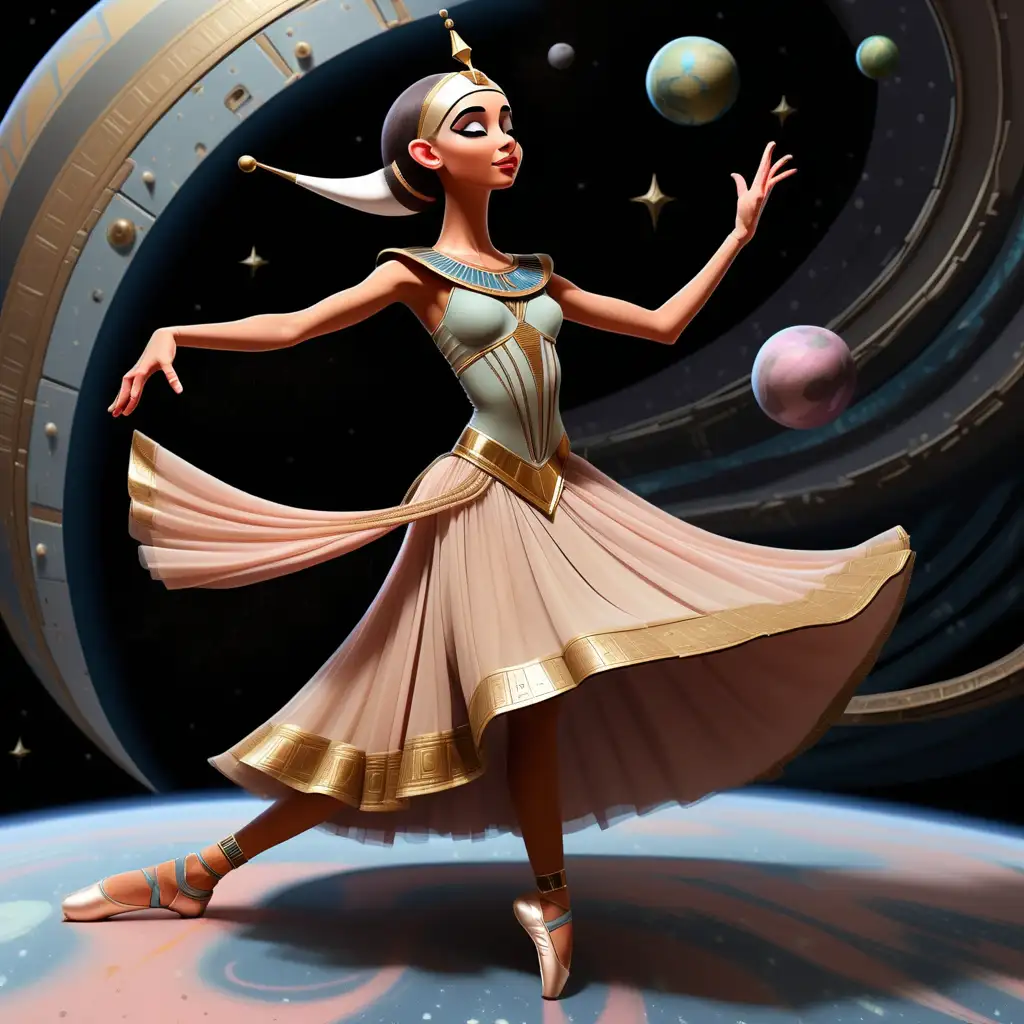 balerina in space with an egyptian princess casting a spell