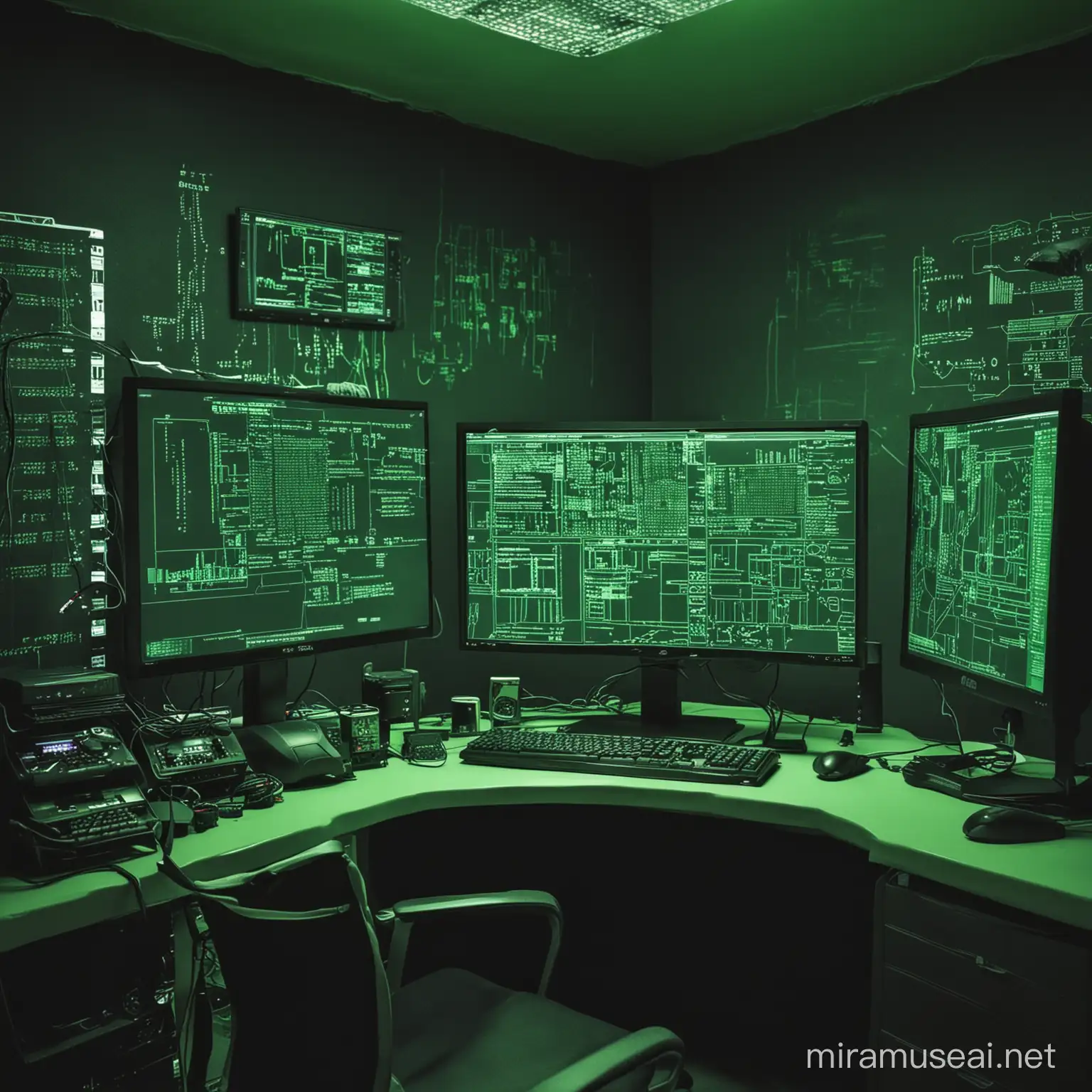 hackers room, computer, green color, 