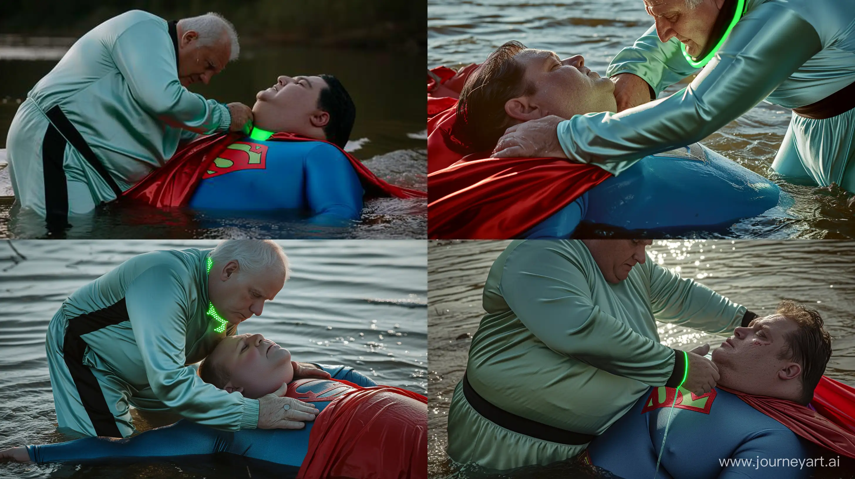 Close-up photo of a 100 kg man aged 60 wearing a silk mint green tracksuit with a black stripe on the pants. He is tightening a tight green glowing neon dog collar on the neck of a fat man aged 60 wearing a tight blue 1978 smooth superman costume with a red cape lying on his face in the water. Natural Light. River. --style raw --ar 16:9