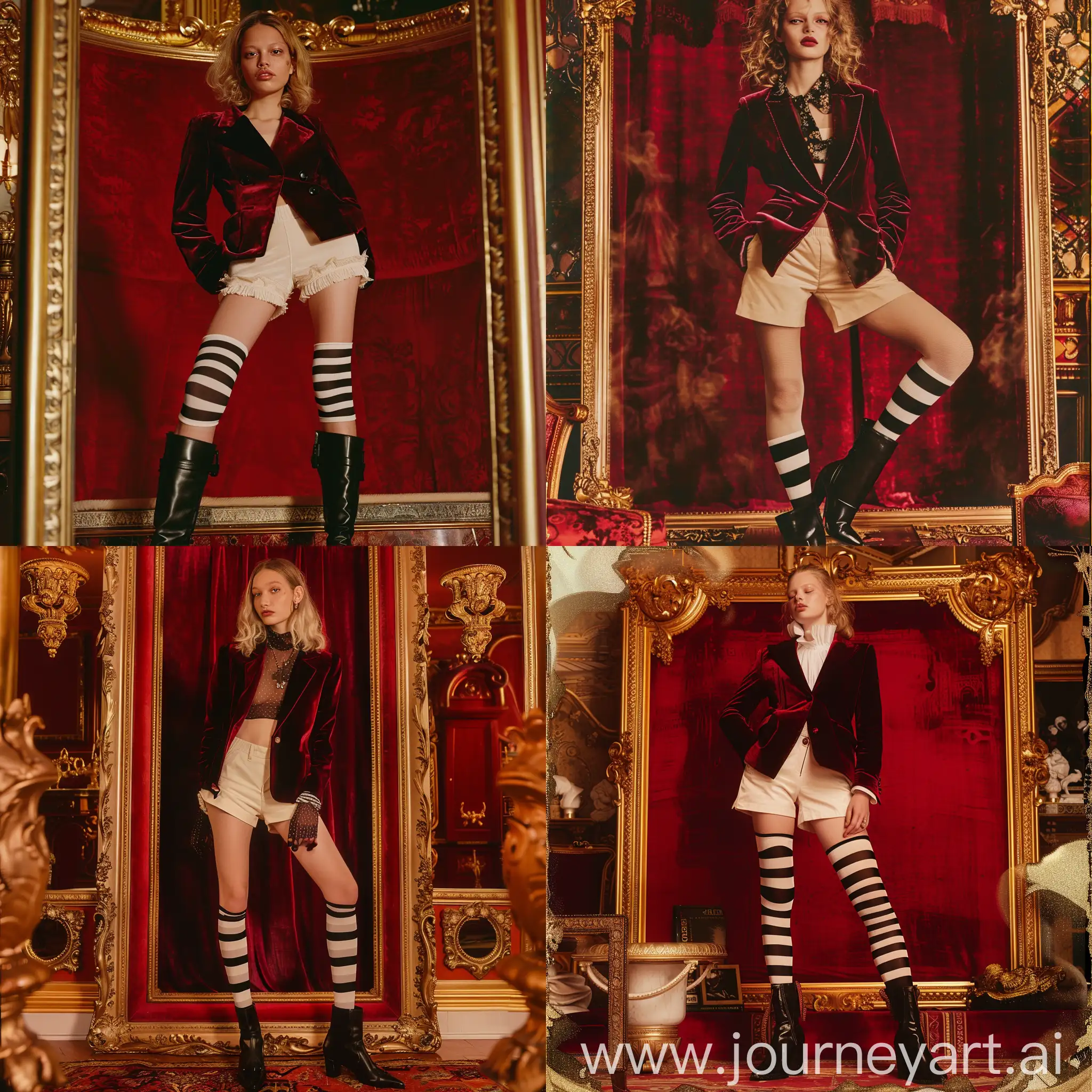 35mm photo of an editorial fashion shoot, featuring a model of caucasian ethnicity with an elegant pose and alabaster complexion. The model wears a crimson velvet blazer, ivory high-waisted shorts, and black and white striped stockings, complemented with chic black leather ankle boots. The scene is set in an opulent room with a vintage red velvet backdrop and an ornate golden frame, all bathed in rich, warm lighting that highlights a sense of classic sophistication. This is melded with an editorial fashion illustration overlay for an artistic touch
