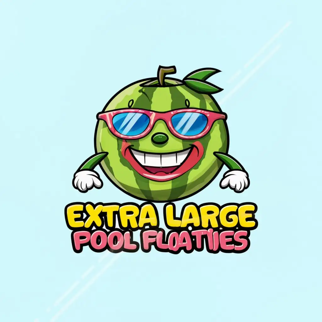 a logo design,with the text "Extra Large Pool Floaties", main symbol:a smiling cartoon watermelon wearing a big pool ring floatie , on the beach,Moderate,be used in Retail industry,clear background