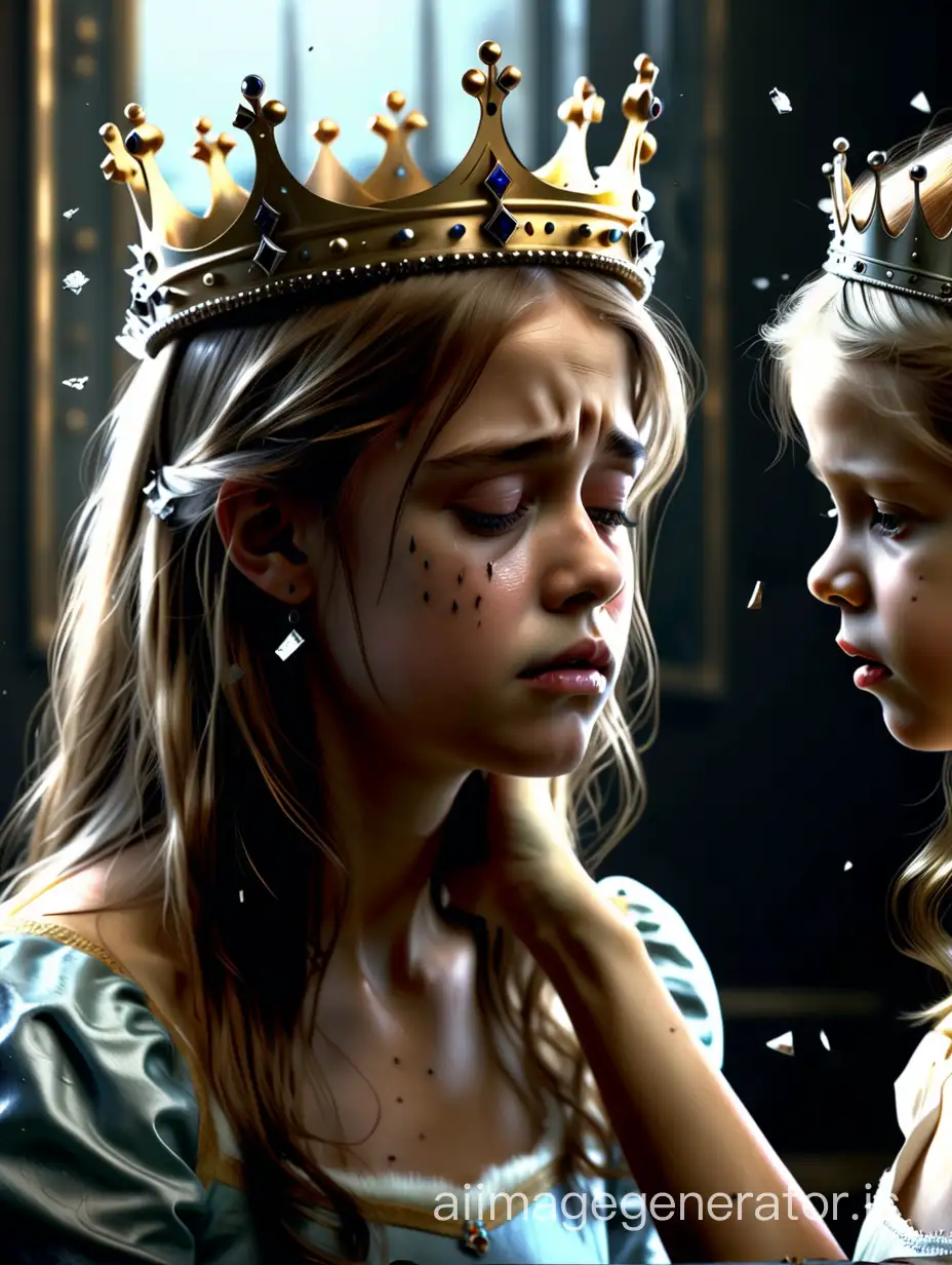 "Realistic" Beautiful young girl princess, sad with a crown falling off, concerned mother standing above her, fixing the crown, Photo realism, High quality, 4k.