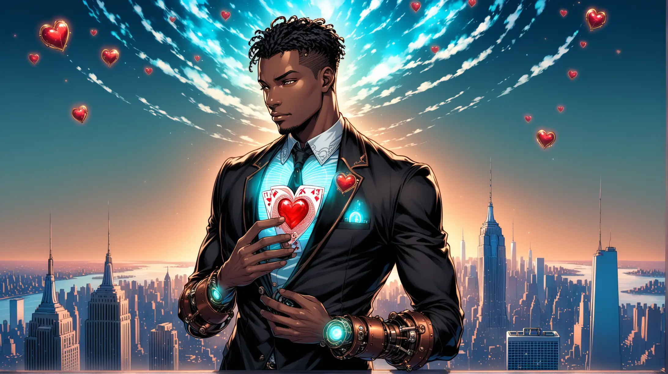 A handsome African American man fit body type lightly toned stands dressed in a black blazer and pants we see his bare chest and the black metal steampunk gadget implanted in his bare chest the gadget displays a human heart on the screen and glows blue and holds a deck of playing cards as he towers in the sky looking down over new york city