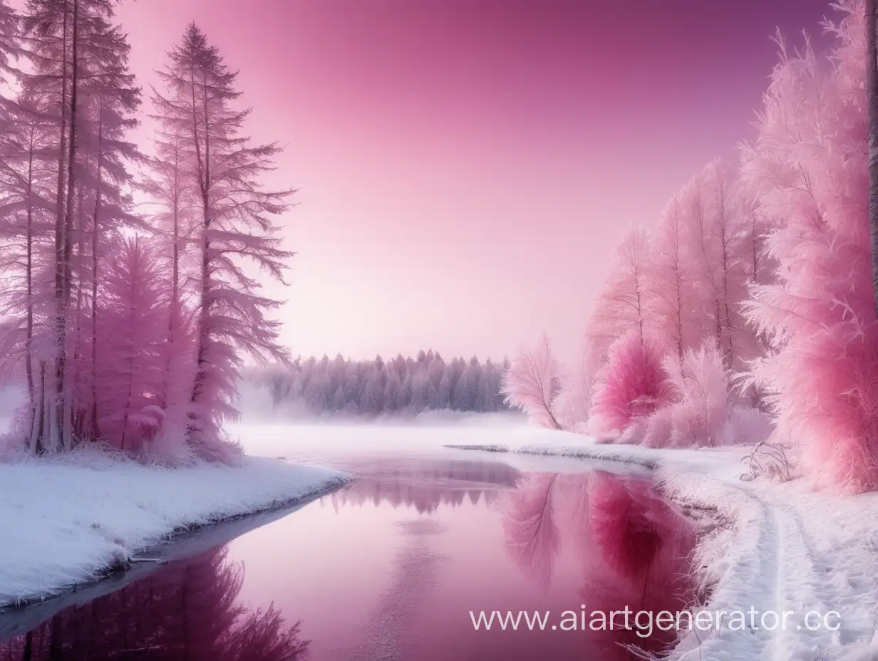 Розовая зима, ранее утро, снег на деревьях, лес, тропинка, алое озеро, блёстки, пар, иней, чистый горизонт