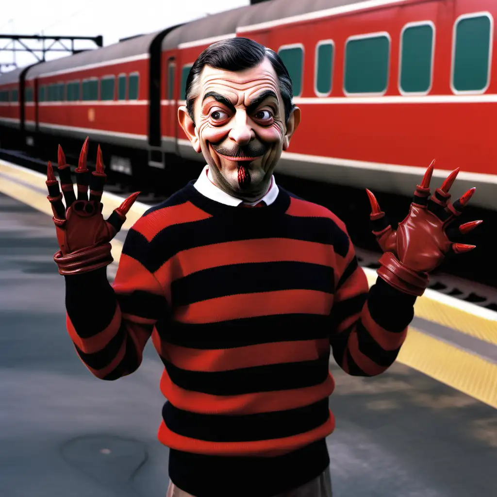 photorealistic mr. bean with a beard and freddy kruger mask wearing a red and black striped sweater and gloves with blades like freddy kruger has them standing in front of trains

