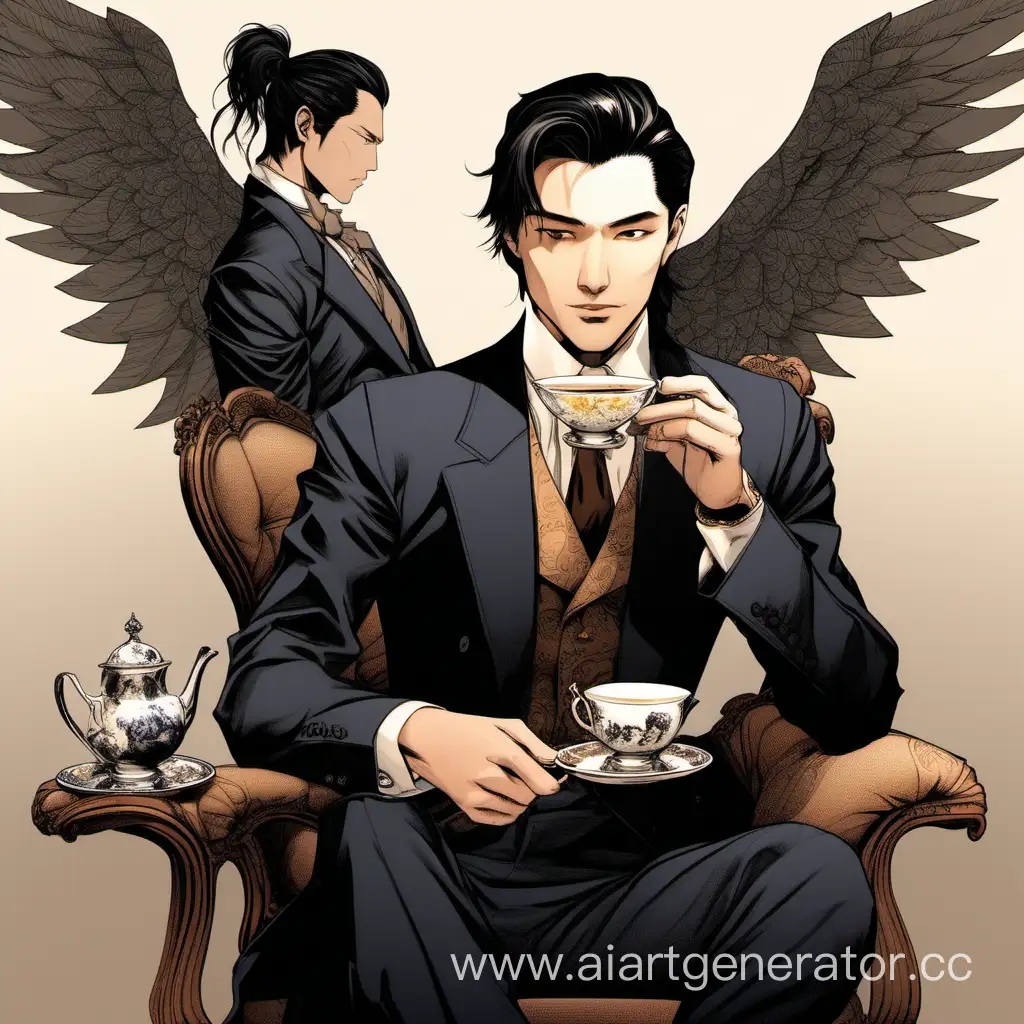 Элегантный человек в строгом костюме с черными уложенными волосами сидит и пьет чай вместе с крылатым мужчиной в рубашке с длинными коричневыми волосами, завязанными в хвост
