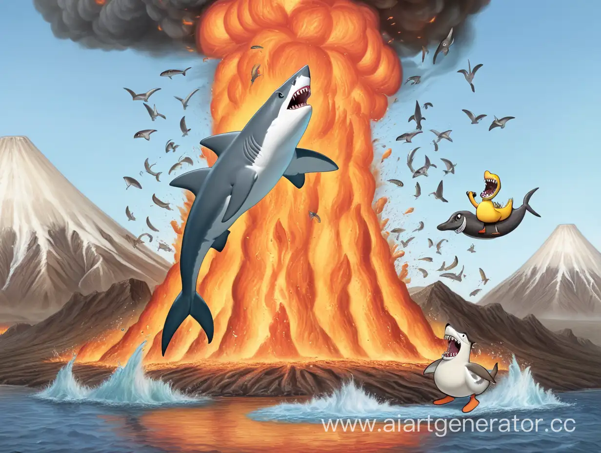 Adventurous-Goose-Rides-Jumping-Shark-into-Erupting-Volcano