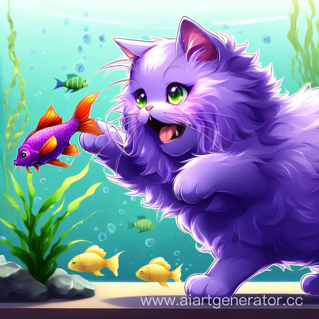 Пушистый фиолетовый кот пытается поймать аквариумную рыбу