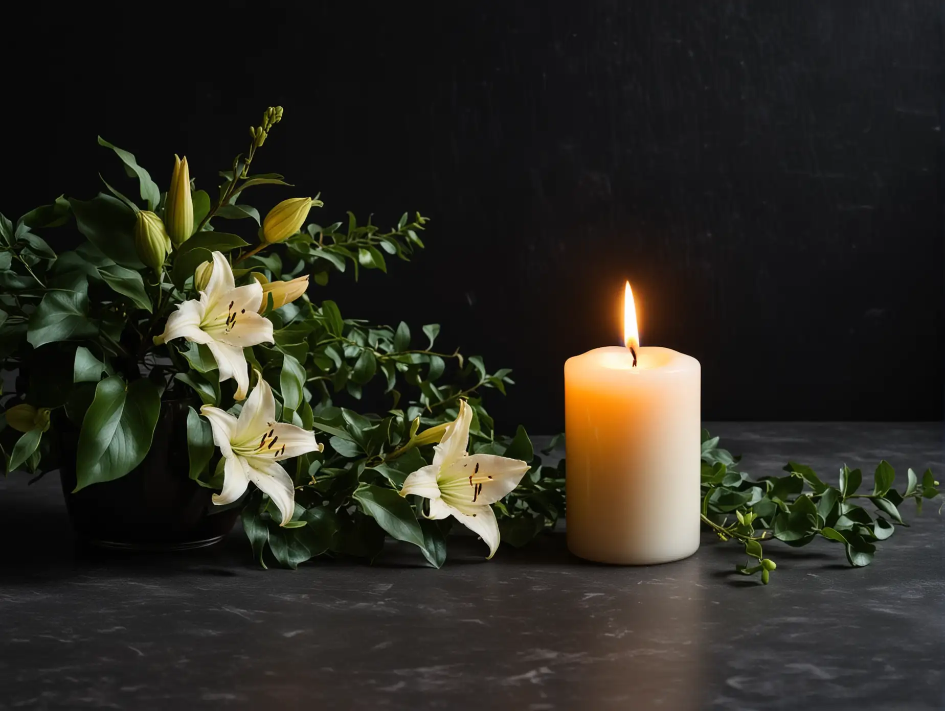 Candlelight Illuminating Lilies and Ivy on Dark Table