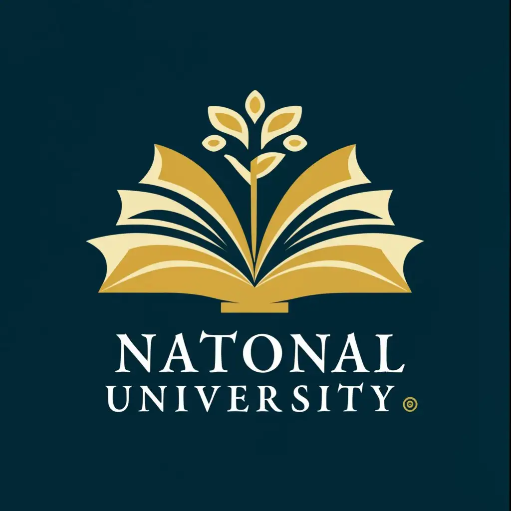 a logo design,with the text "NU - National University", main symbol:The logo features a stylized open book with pages forming an arc, symbolizing limitless learning possibilities and an infinite loop of education. Integrated into the book is a spreading tree, representing growth and the diverse fields of study offered by the university. Deep blue represents wisdom, with accents of green for vitality and gold for excellence. "National University" in a modern font surrounds the icon, promoting legibility. Optionally, a unity circle embodies collaboration and inclusivity. This design encapsulates the university's commitment to quality, innovation, collaboration, diversity, and access to education.,Moderate,be used in Education industry,clear background