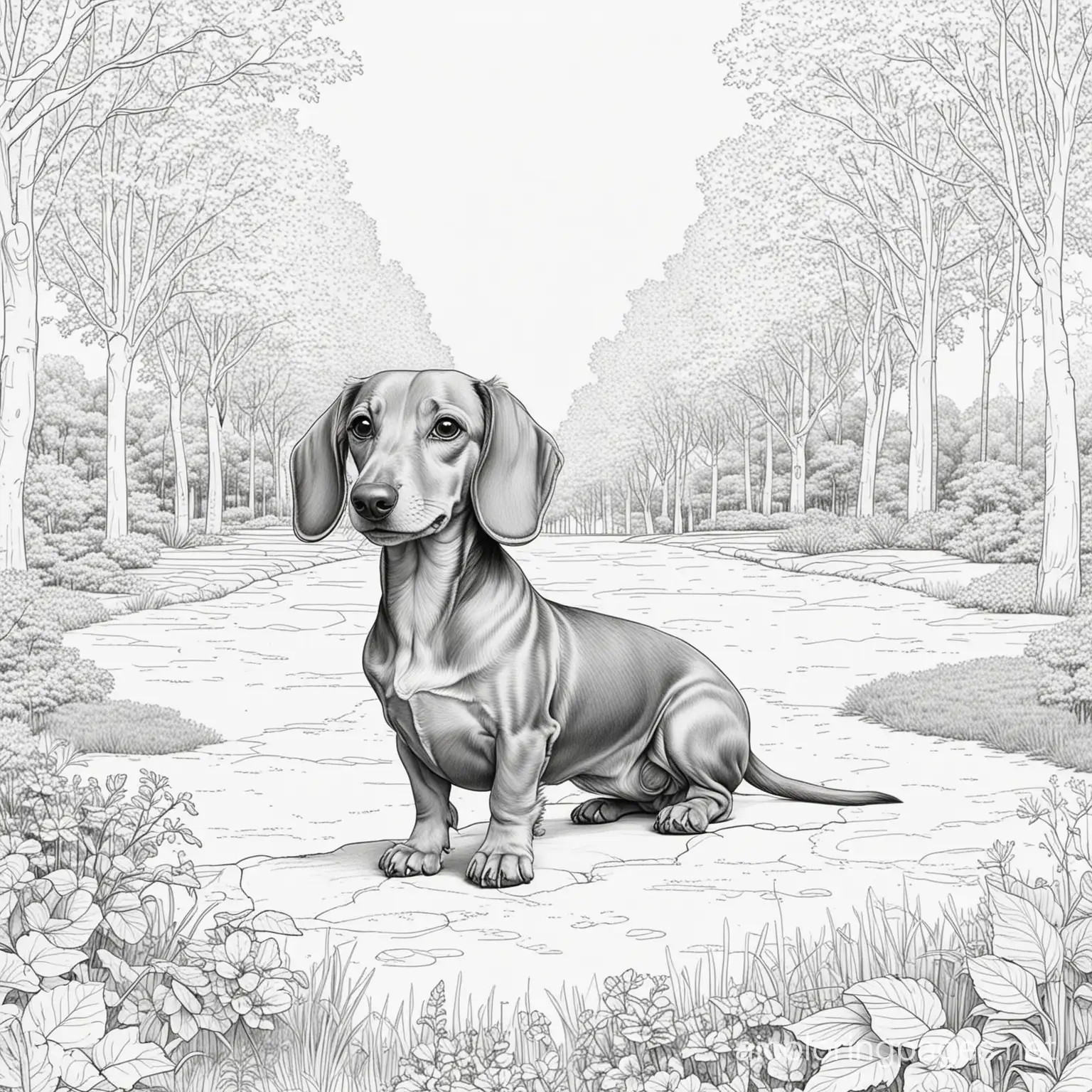 dachshund in a park

, Coloring Page, black and white, line art, white background, Simplicity, Ample White Space. The background of the coloring page is plain white to make it easy for young children to color within the lines. The outlines of all the subjects are easy to distinguish, making it simple for kids to color without too much difficulty