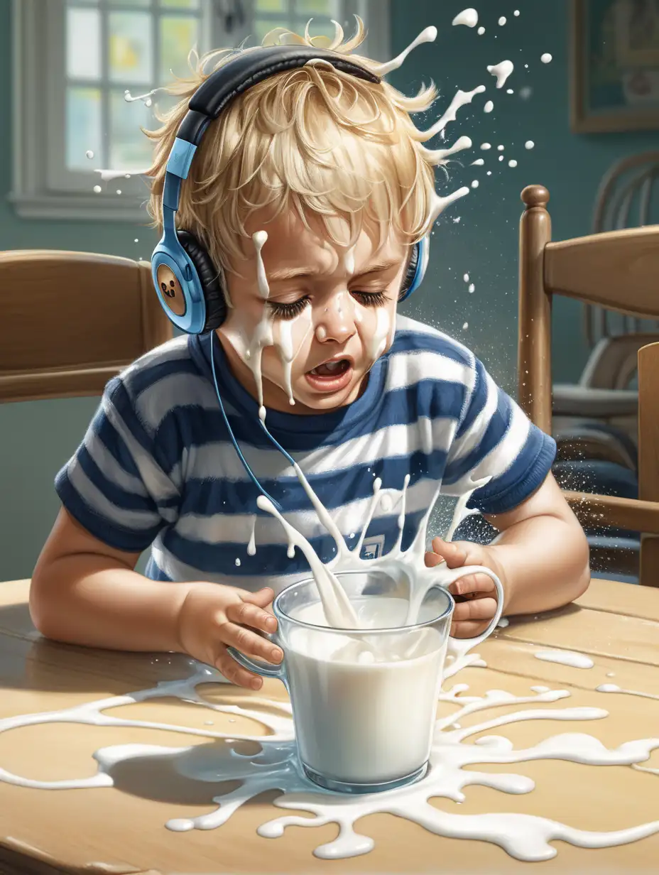 Spilled Milk Mishap Little Boy in Striped Shirt with Earphones
