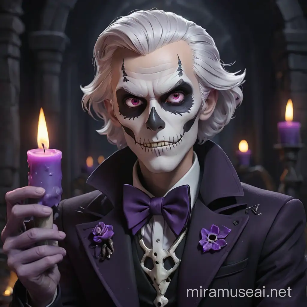 dungeons and dragons,fantasy,human,male,snow-white skin color, jet black make-up around the eyes, average length white hair, black suit with purple bow tie and purple details, black coat on top, the skeleton of his hand is visible and a purple light comes out of it, the background is a dark room with candles burning.