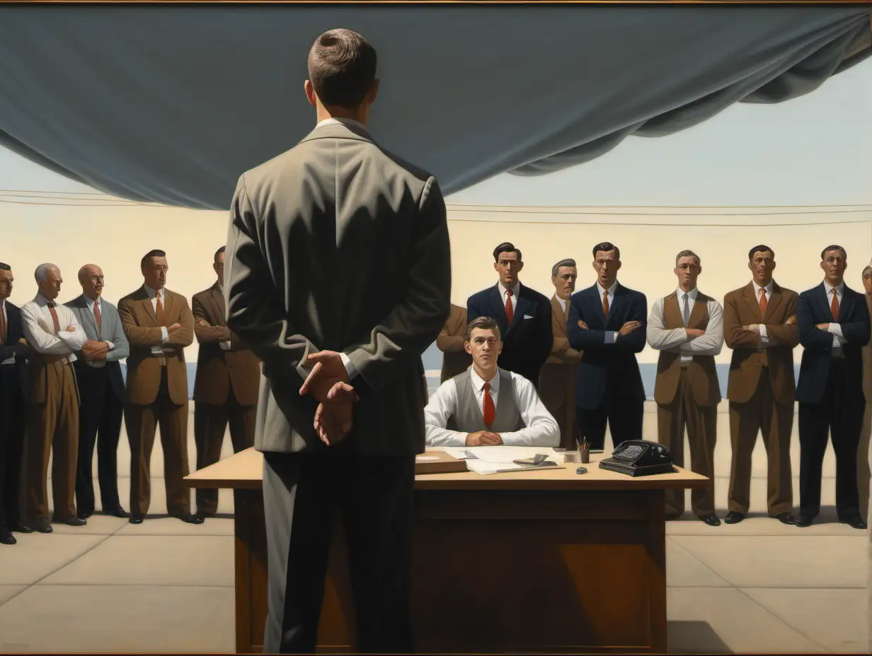 bo bartlett style painting of a man standing in front of another man seated at a desk outside.  a crowd of onlookers watch.  there is no background but a muted sky.  one of the mens hands are tied together.