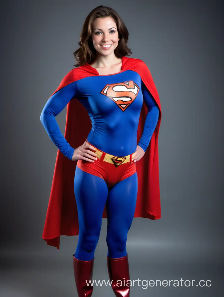 A beautiful woman with brown hair, age 30, she is happy and confident. She has a very athletic physique. She is wearing a Superman costume with (blue leggings), (long blue sleeves), red briefs, red boots, and a long cape. Her costume is made of very soft fabric. The symbol on her chest has no black outlines. She is posed like a superhero, strong and powerful.