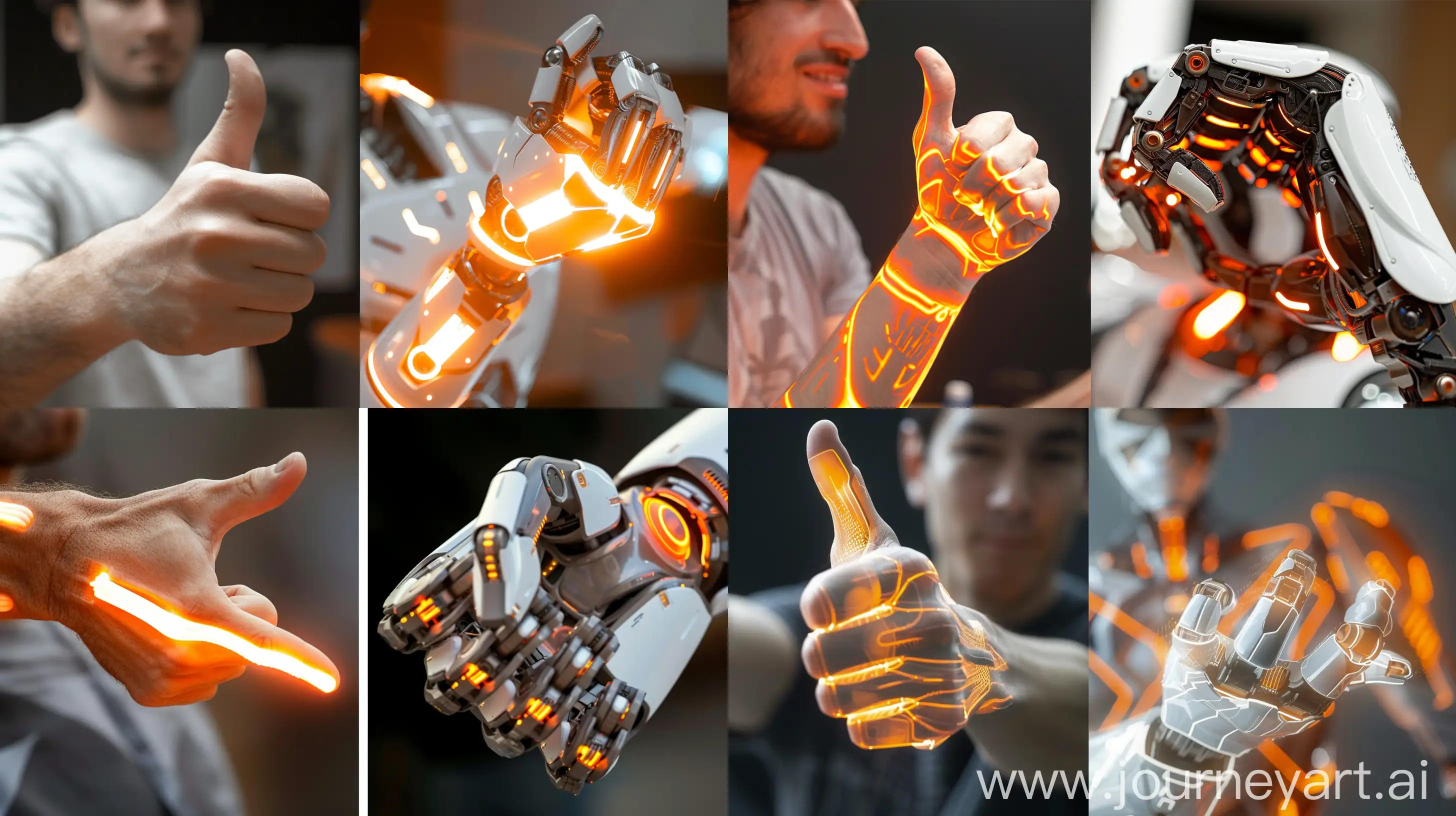 Two pictures, the first is a close-up of a man's hand raising the thumb and forming the hand in the form of a like, and the second is a close-up of a robot's hand that raises the thumb and forms the hand in the form of a like, the colors orange and white, glowing, everything is blurry except the hands --ar 16:9 --s 100 --style raw --v 6 