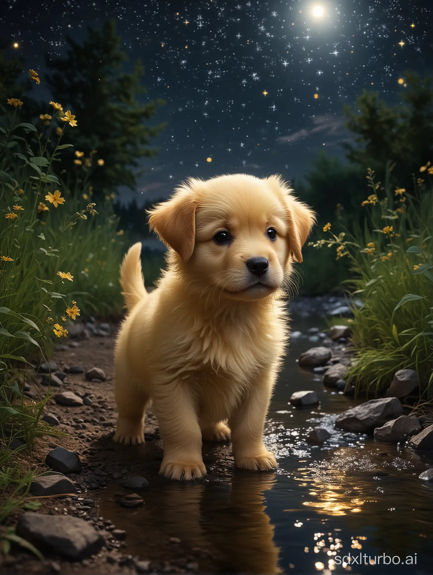 The fluffy yellow puppy, by the small river in the night, the stars shining brightly