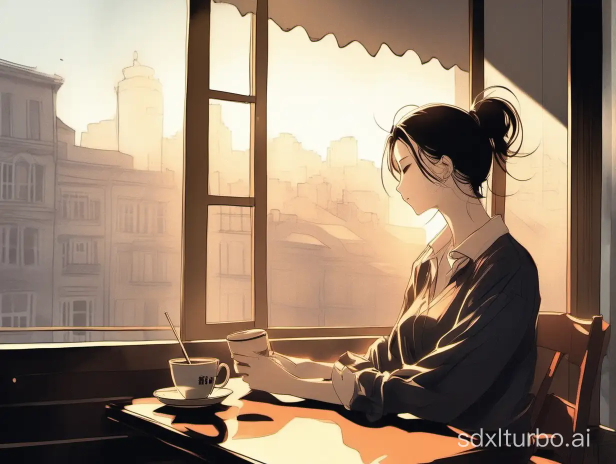 The background is set in a cafe full of artistic atmosphere, and the lazy afternoon sun outside the window shines through the translucent curtains on the wooden floor, forming dashes of light and shadow. The faint aroma of coffee and soft jazz music fill the air, creating a relaxed and romantic atmosphere. In the center of the picture, Xu Mo sits near the window, wearing a simple but elegant shirt with a slightly open neckline, revealing a delicate collarbone. His eyes were deep and he was looking intently at the books in his hands, and occasionally he raised his head and looked into the distance through the window, as if thinking about life. His movements are deliberate and elegant, and every little movement reveals his confidence and charm. You sit opposite Xu Mo, chin on your hands, eyes shining with curiosity and anticipation. You look cute and energetic in a fresh little dress with your hair casually tied up in a ponytail. You secretly observe Xu Mo from time to time, with a slight blush on your face, and seem to be full of interest in his every move. There's a freshly brewed latte on your table, steaming hot and fragrant. Your conversation is light and pleasant, and there are bursts of laughter from time to time, which fills the whole cafe with warmth and sweetness.