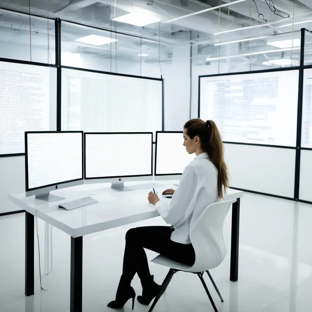 an almodovar woman in white writing code in a white environment office
