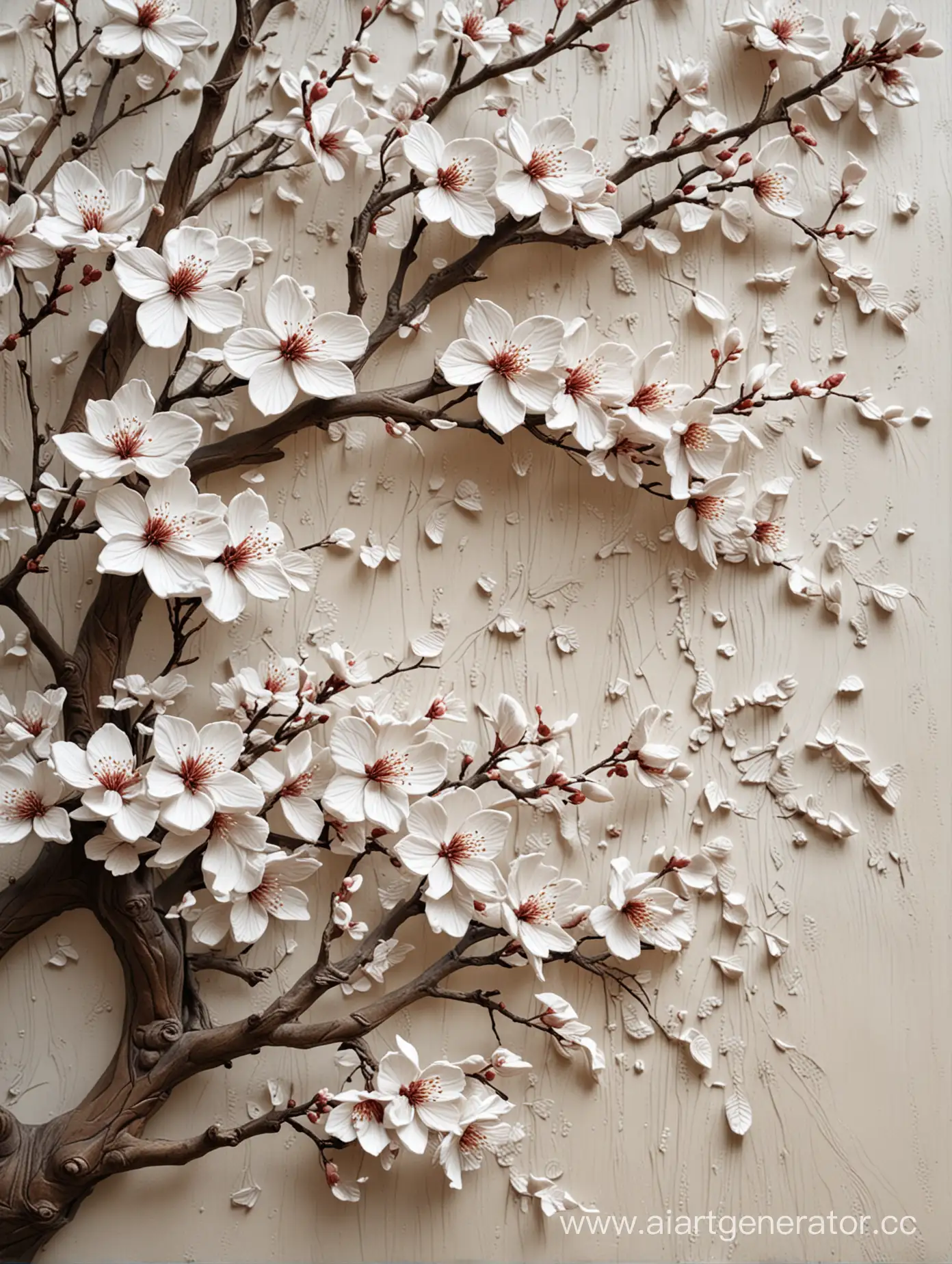 white basrelief sculpture of sakura flowers on big old branches
