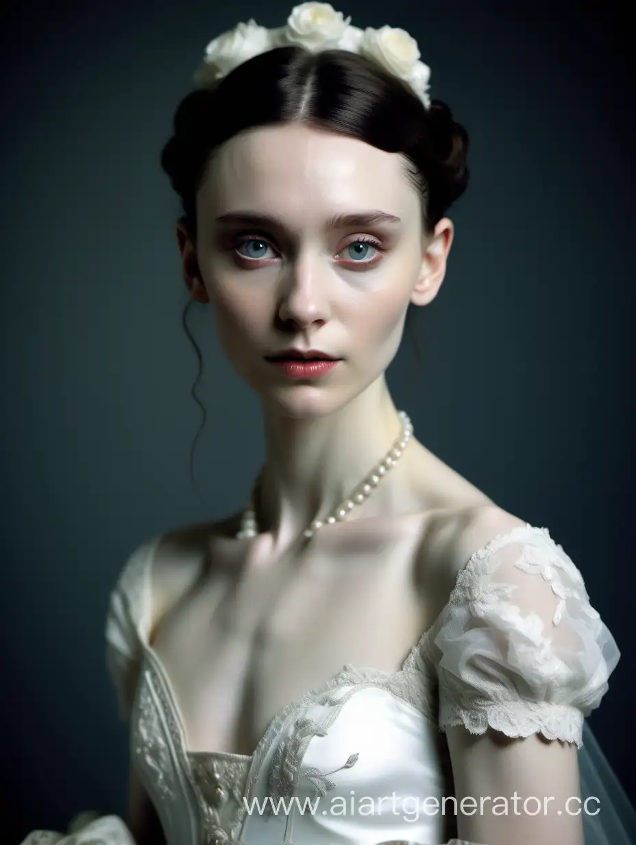 очень красивая аристократка брюнетка с бледной кожей похожа на руни мара в подвенечном платье викторианская англия