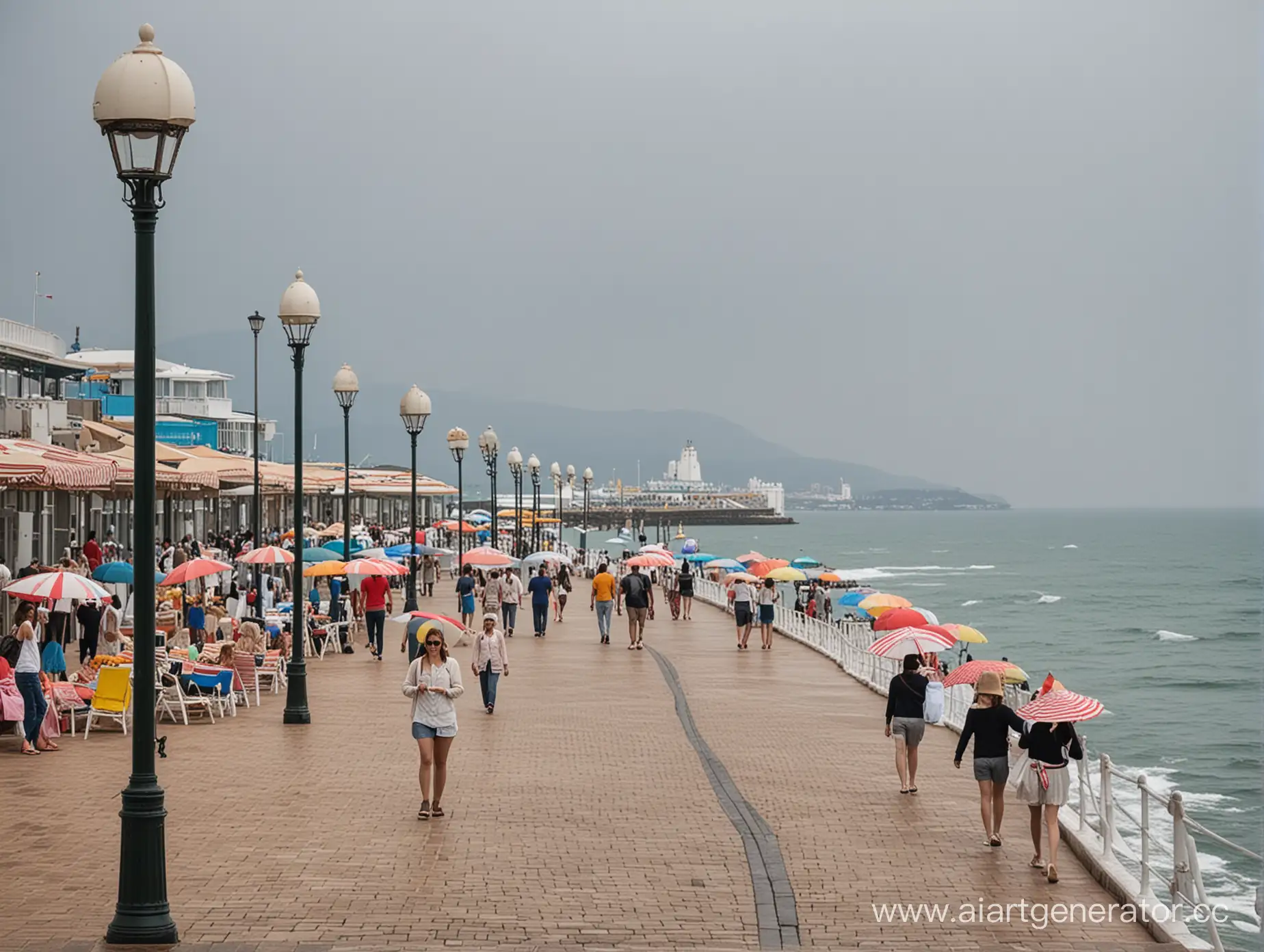 Туристы под зонтиками гуляют по набережной у моря
