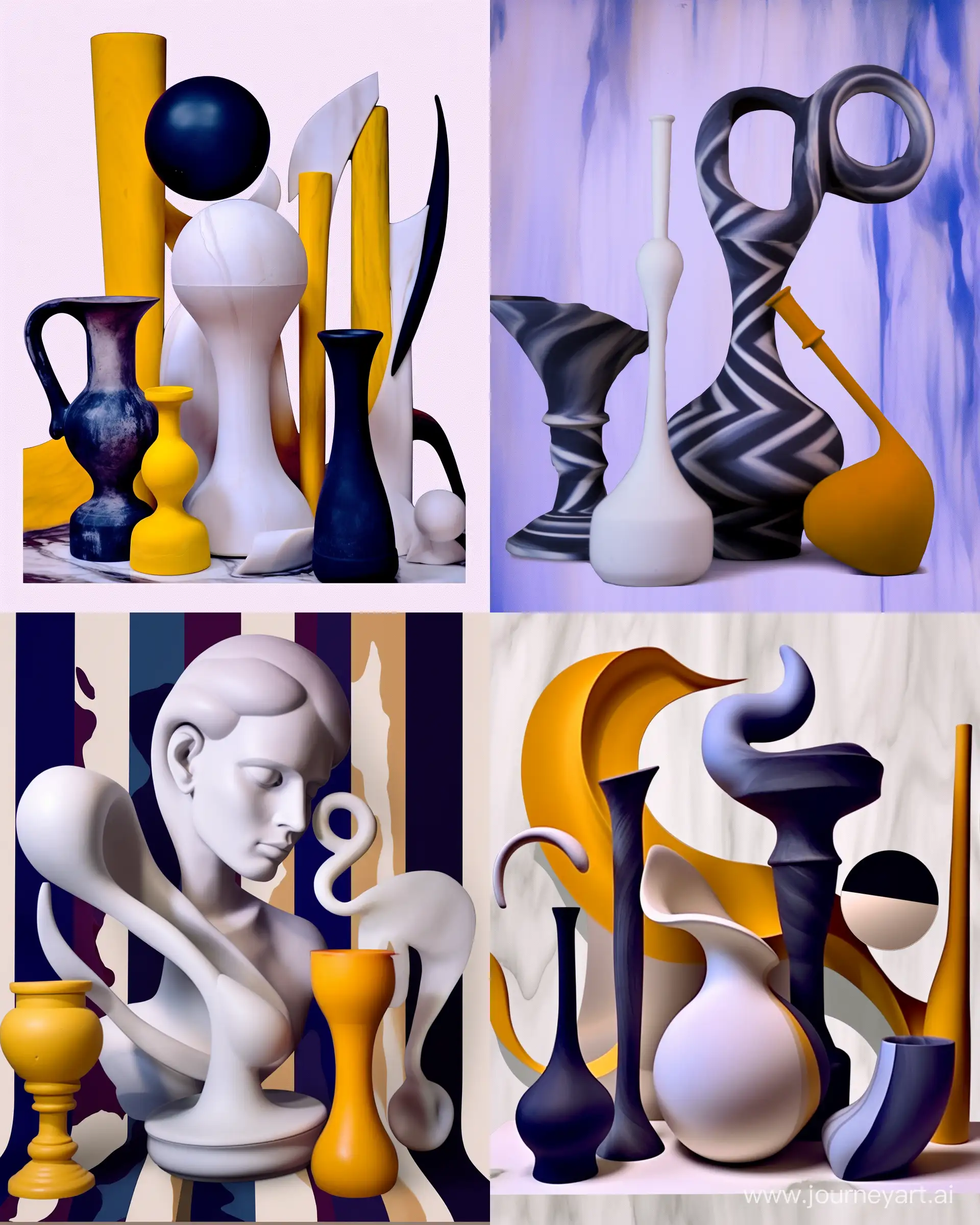 staged photography with surrealism sculptures and splashing color purple and yellow by picasso --ar 4:5