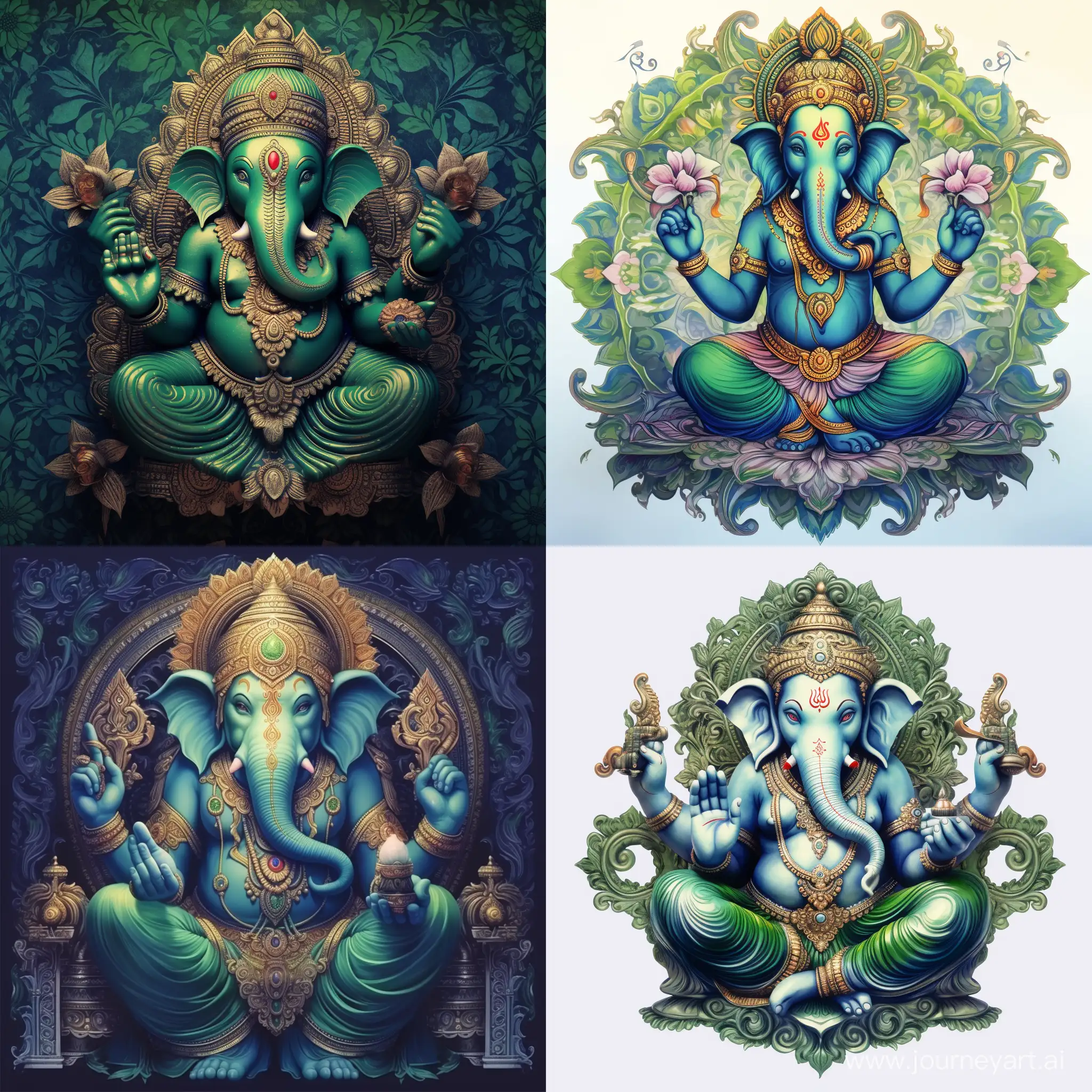 Freundlicher Sitzender schlanker Ganesha, Mandala, grün und blau töne, mehr grün als blau, Hintergrund transparent, kein 3d Bild, 