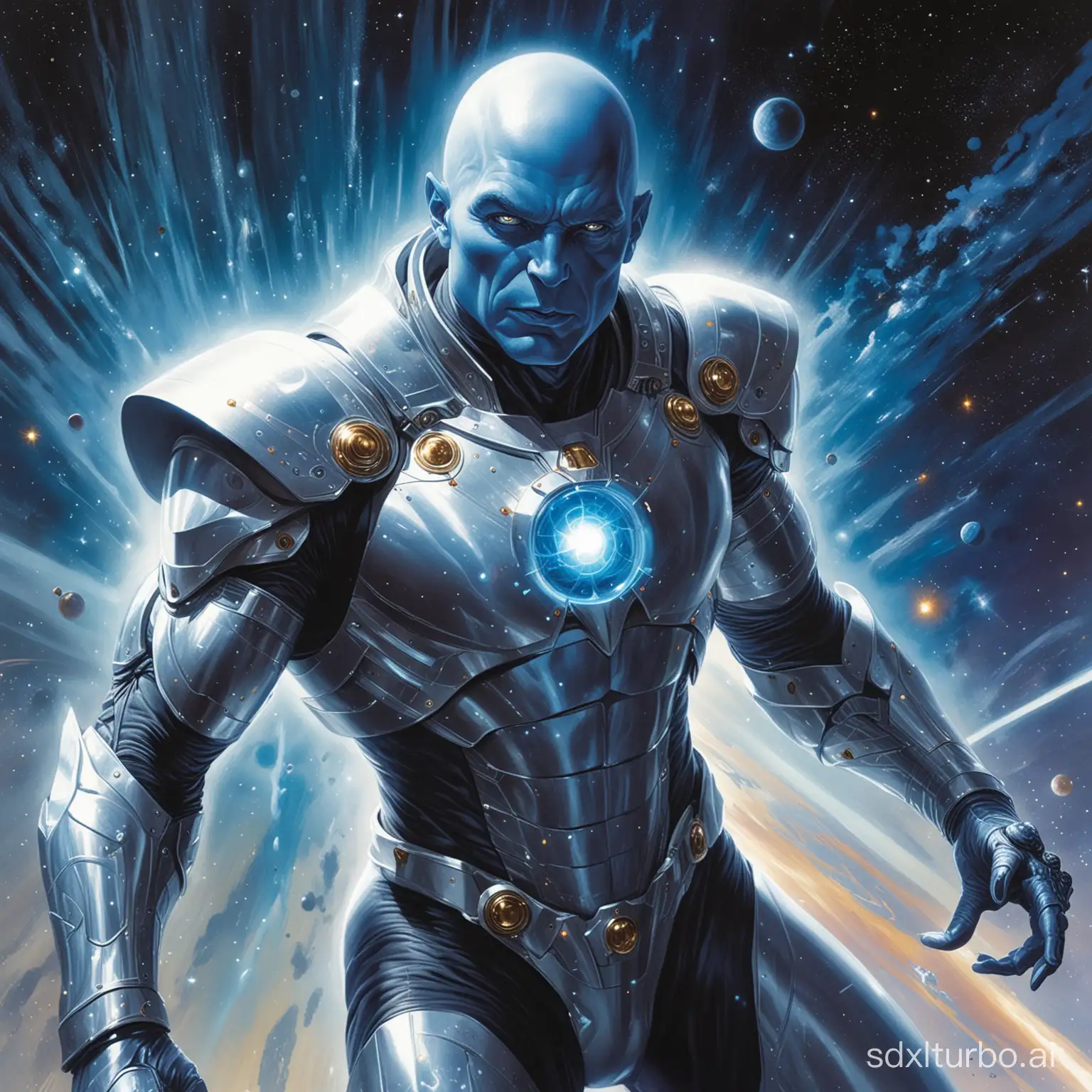 sci fi illustration of a cosmic being that has lived through the ages, he is bald and has blue skin, he is wearing lite space armor, he has energy ring around him, full body image, comic book image, painting by alex ross