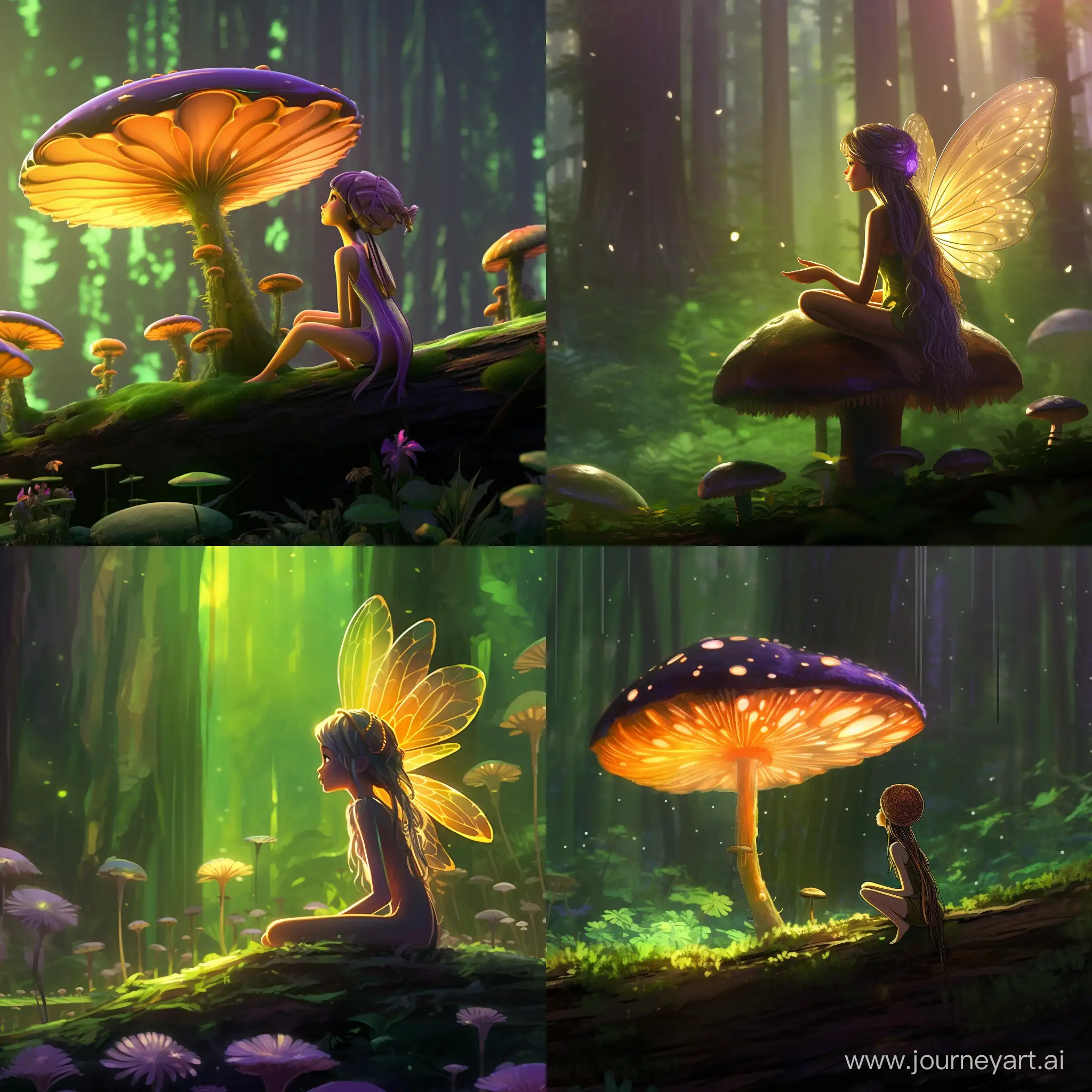 Pixar, side profile view, a beautiful young tiny green glowing elven pixie fairy girl, she has large iridescent purple wings on her back, she is lying on her front, her head in her hands, ontop of an over-sized giant magical mushroom, she is gazing up to the golden sunrays shining down on her, she is very small, lush magical green blue forest setting, depth of view, smiling, friendly, detailed, magical, sharp focus, no blur, cinematic, view from a distance, soft lighting, fairytale, in the style Pixar Fairytale