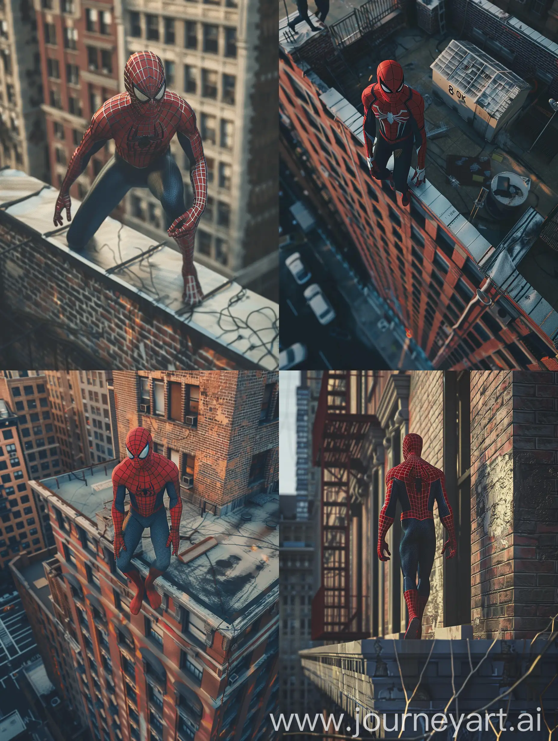 Spider-Man walking on an apartment building New York. Like a Spider-Man poster. Make the camera from far away. 8K ((ULTRA REALISTIC))