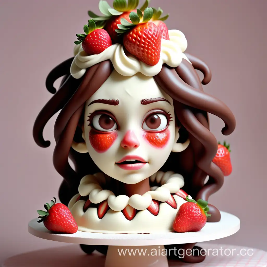 Humanization of a cake into a girl with a body made of chocolate dough covered with cream. with a face made of strawberries and cream instead of hair