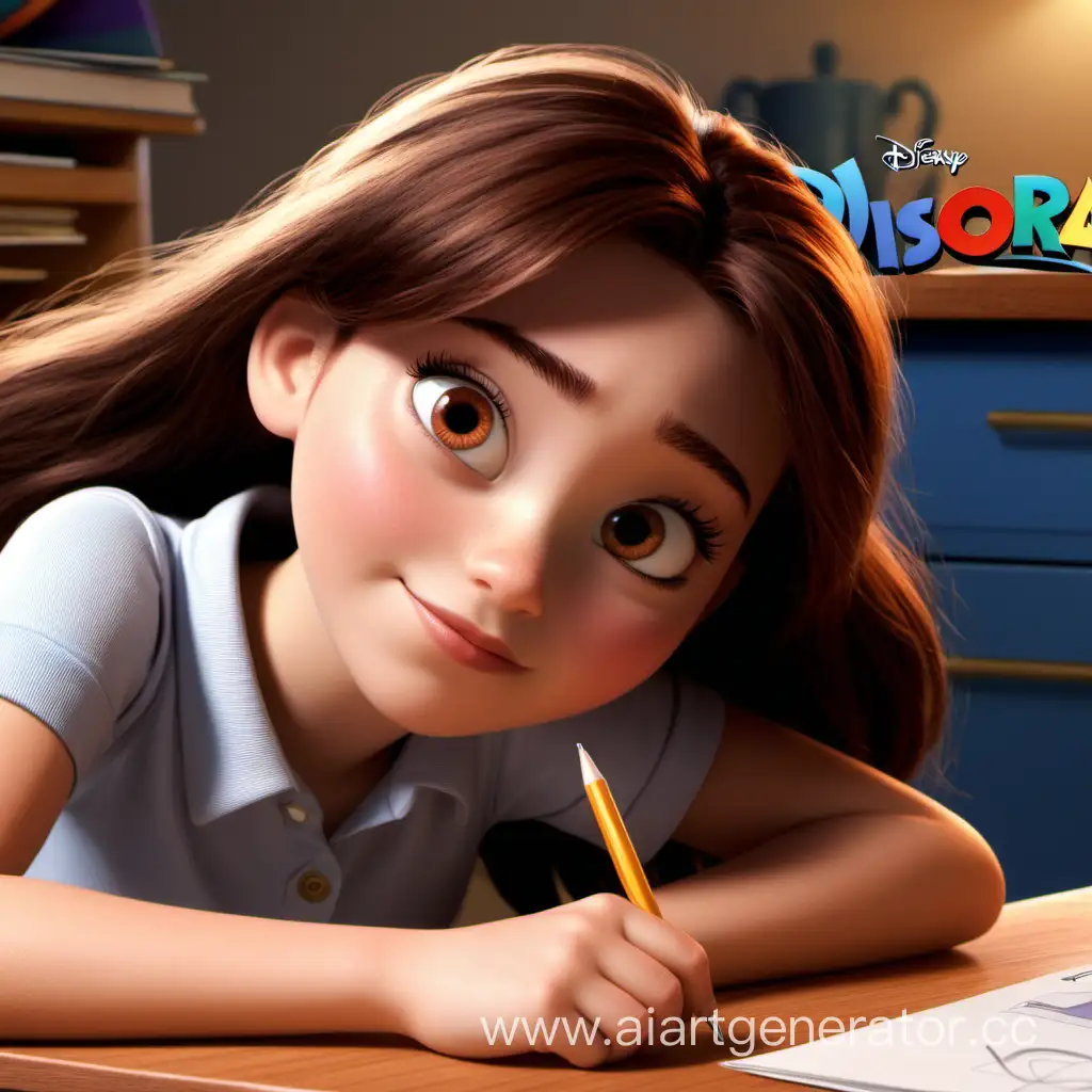 Постер Disney pixar показывают девочку с которыми коричневый волосами и карими глазами лежащая на парте. Название мультфильма Кристина
