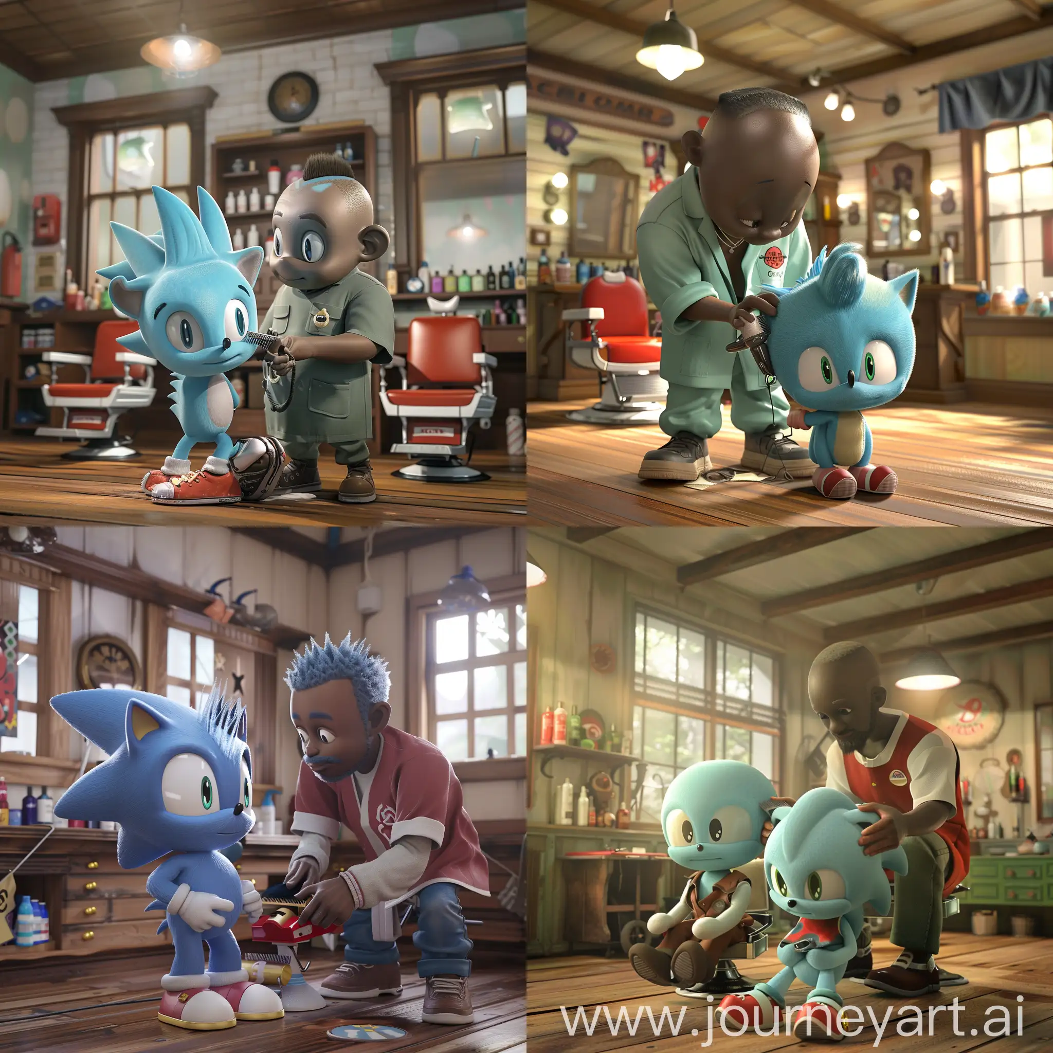 A younger Small blue Chao character from sonic the hedgehog series getting a hair cut in a African American barbershop, with a high top fade, from an older chao character, who seems more experienced