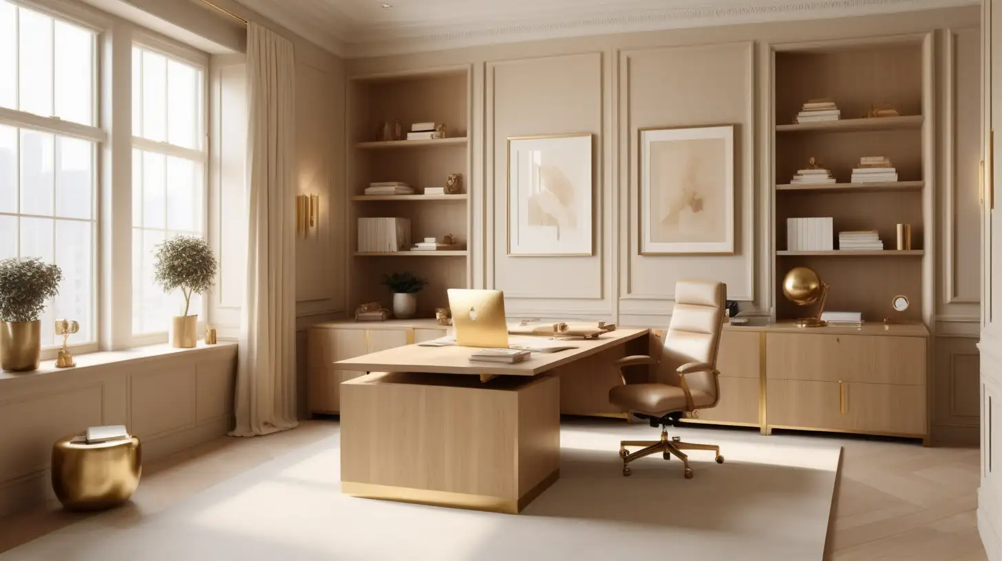 Hyperrealistic Office; beige, light oak, brass, ivory colour palette;