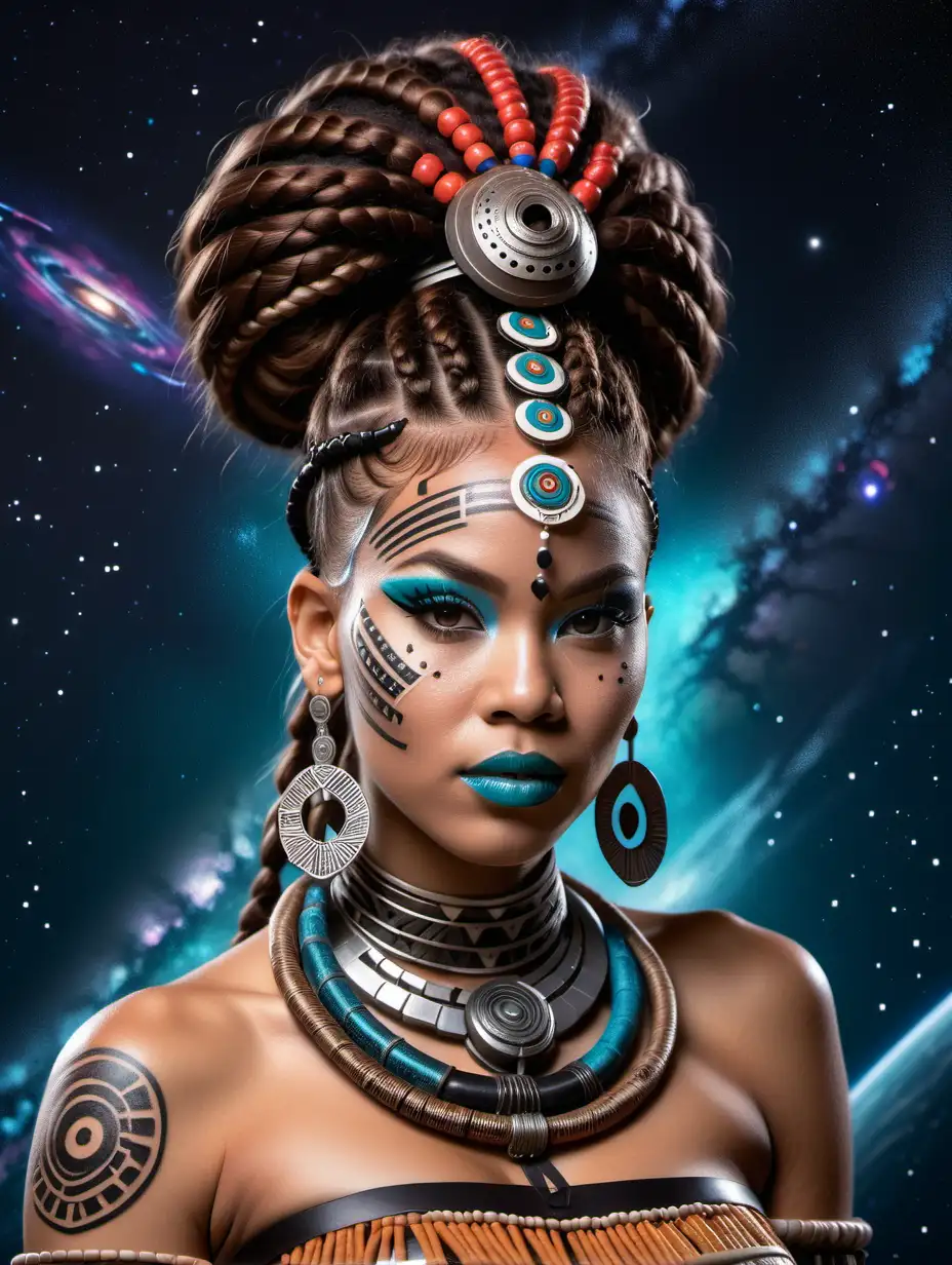 Zulu Tribe Woman with Futuristic Metal Headpiece and Galaxy Background