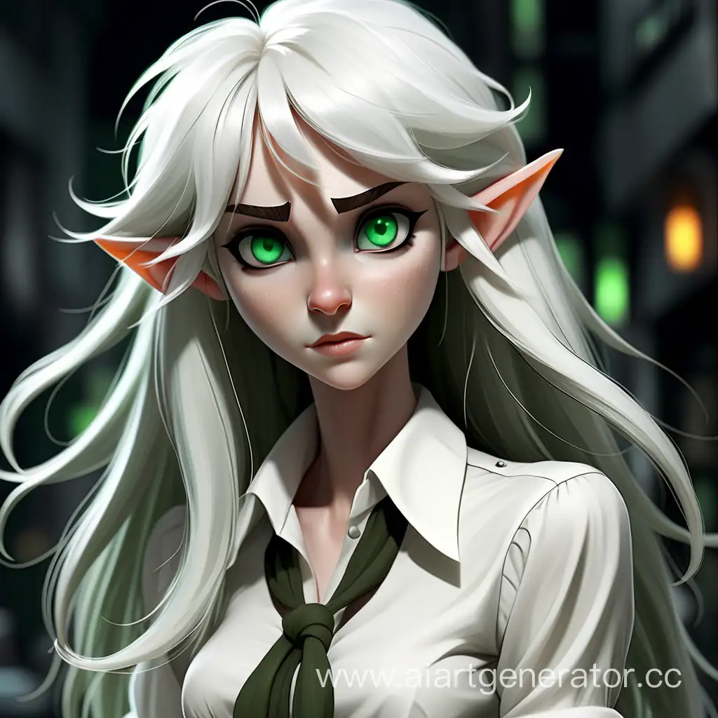 эльф с длинными растрепанными белыми волосами, с челкой по бокам, темно-зелеными глазами, в белой рубашке, юный