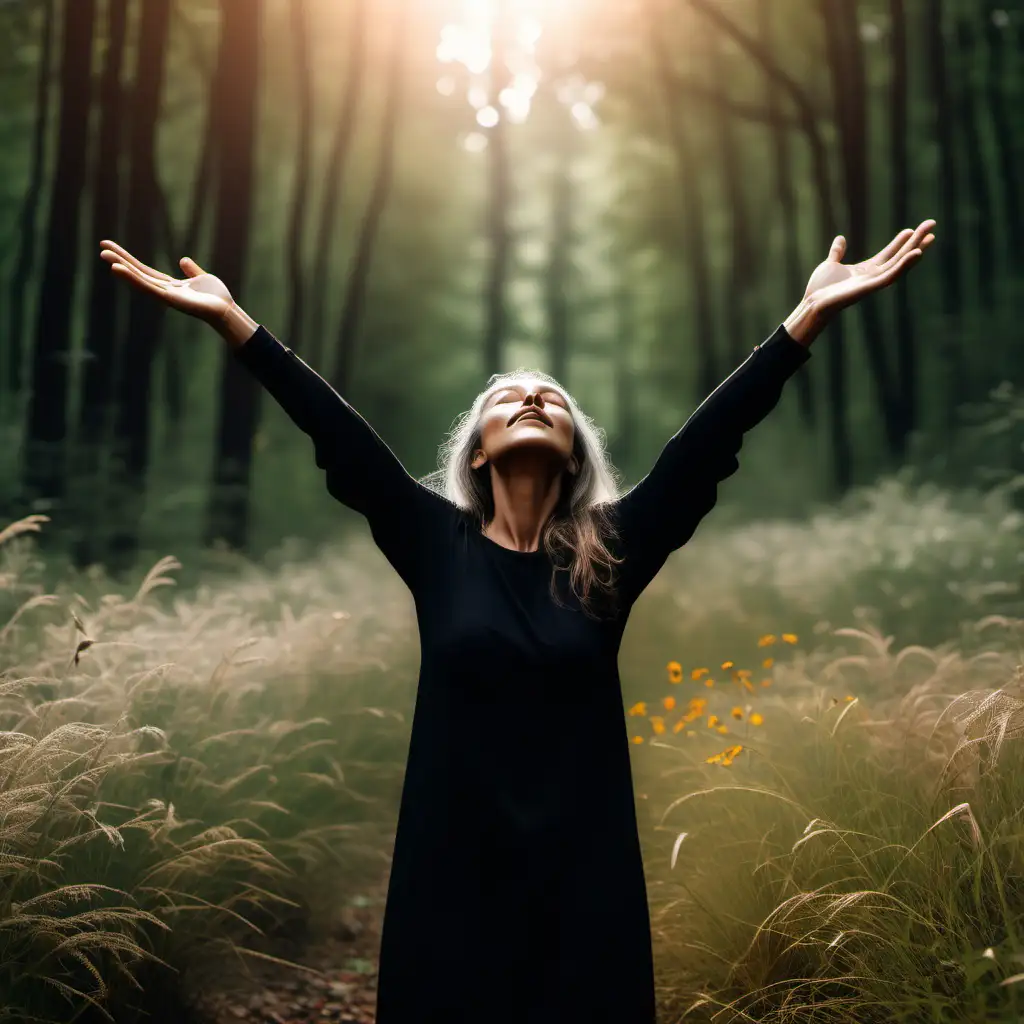Empowering Woman Finding Wisdom and Serenity with Uplifted Hands in Nature