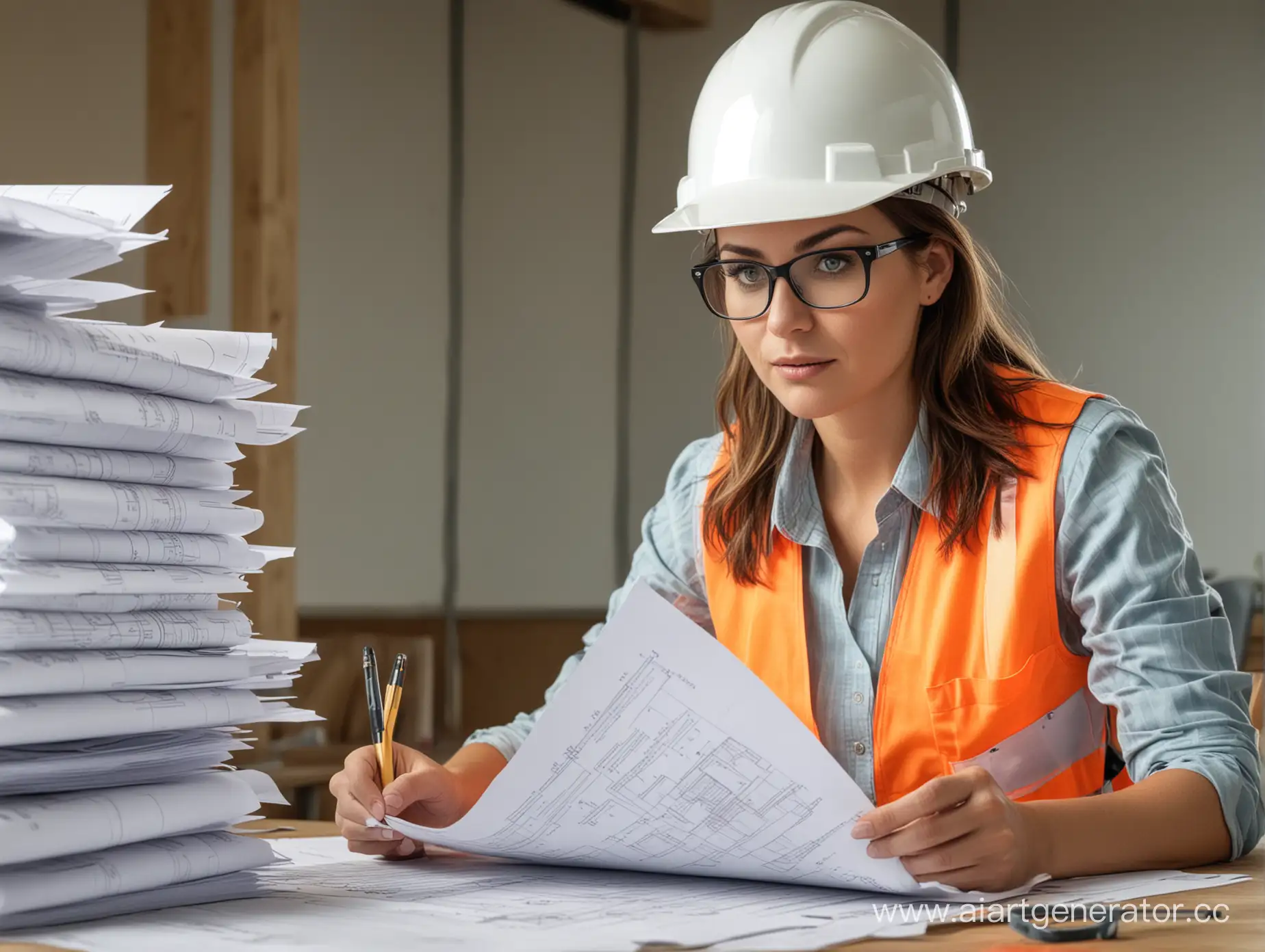 Image of a woman in a hard hat and safety glasses sitting at a desk, studying a large stack of blueprints and construction documents