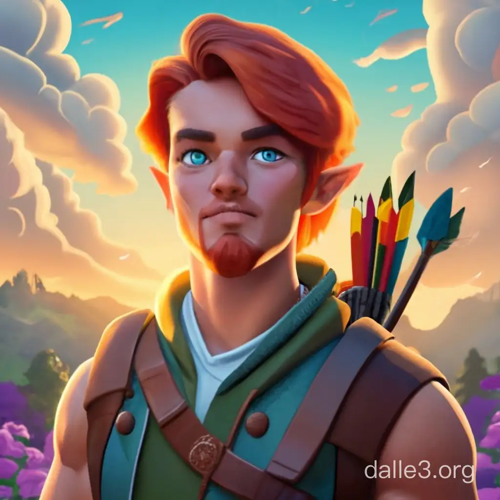 Fortnite style male half-elf Druid with tan skin color, short and straight red hair, blue eyes, and a bow and arrow.