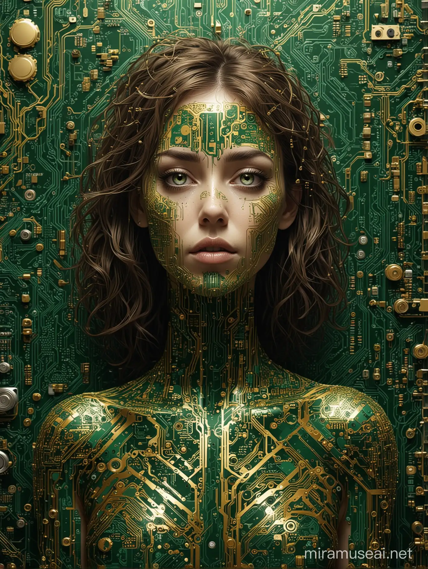 Geometric, minimalist illustration, silhouette of a female enveloped in ((circuit board style)), Tim Burton, green and gold, hyper-realistic, UHD, 32k