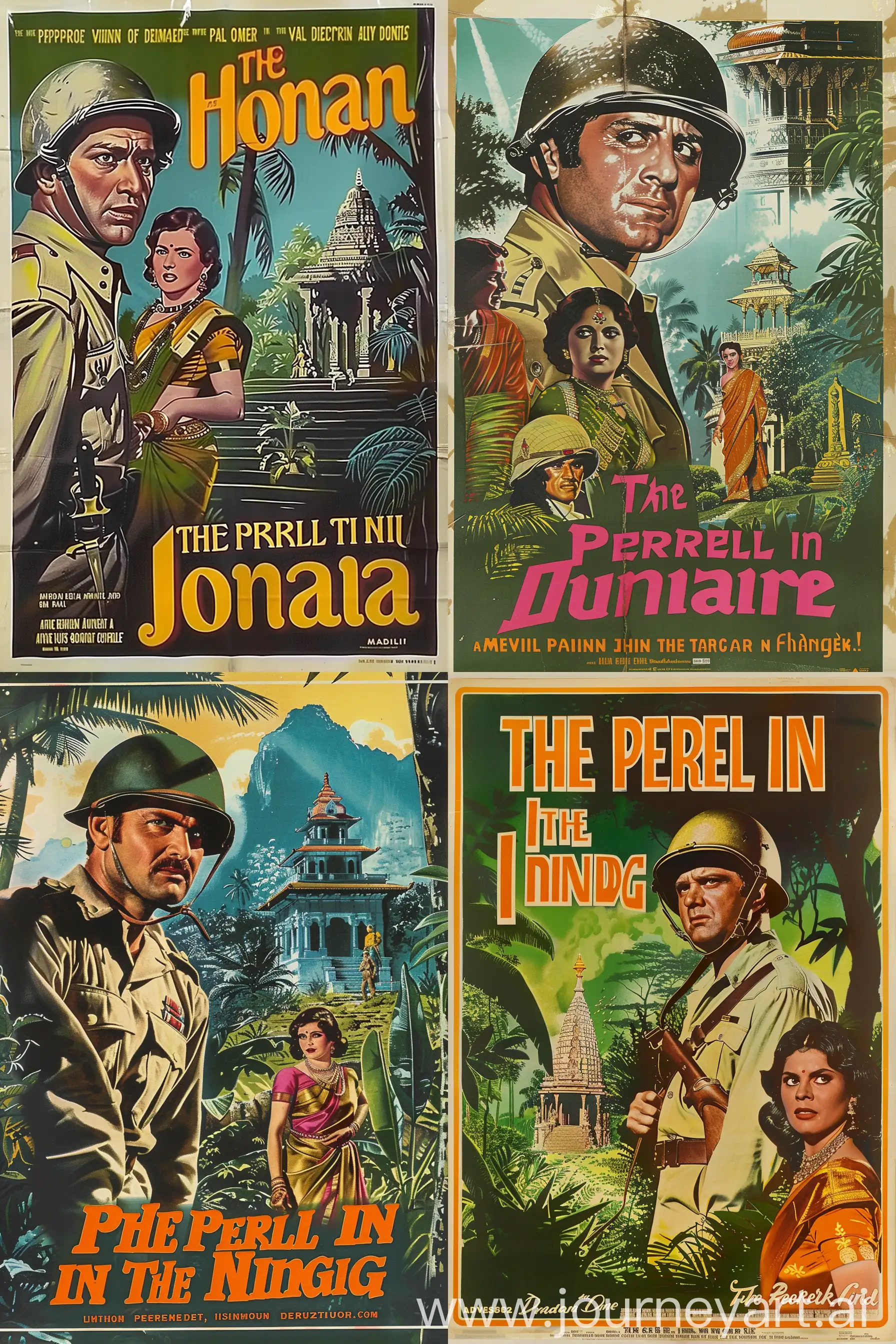 A hollywood poster for an old 1970s adventure movie featuring the protagonist in old khaki british army uniform and a pith helmet and featuring a tamil indian woman in a saree, a maharajah, and the jungle, and an indian temple. in color. title: the peril in the orient. --ar 2:3