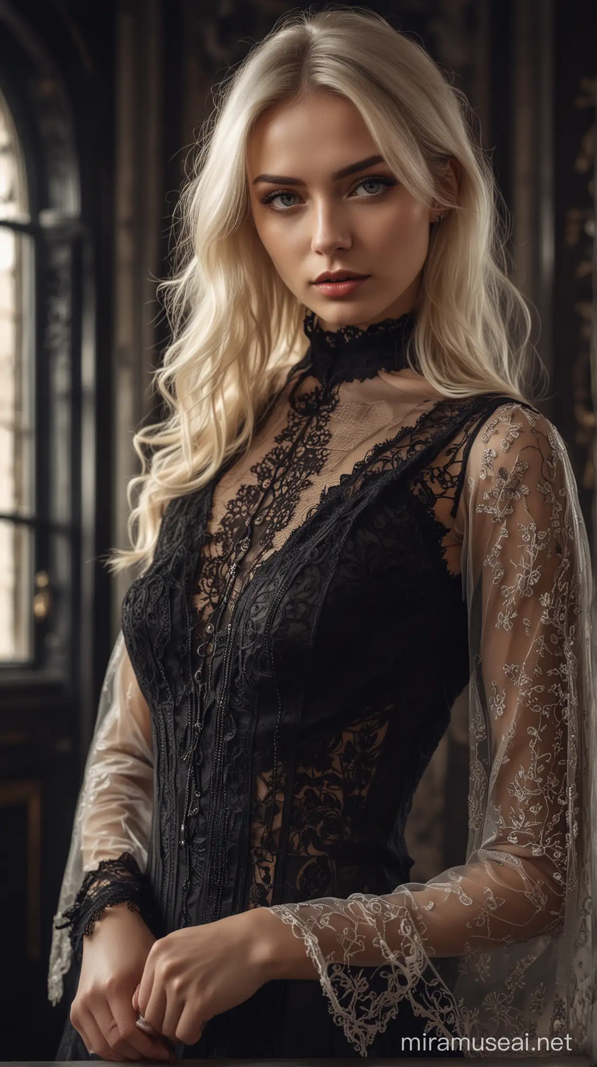 Photo of a beautiful russian model looking at camera, full body, wide shot, detailed skin, film photography, vintage, perfect body, cinematic lighting, realistic, sharp focus, very detailed, 4K HQ, depth of field, f/1.2, Leica, 8K HDR, High contrast, shadows, bokeh, platinum blonde hair, gothic transparent dress