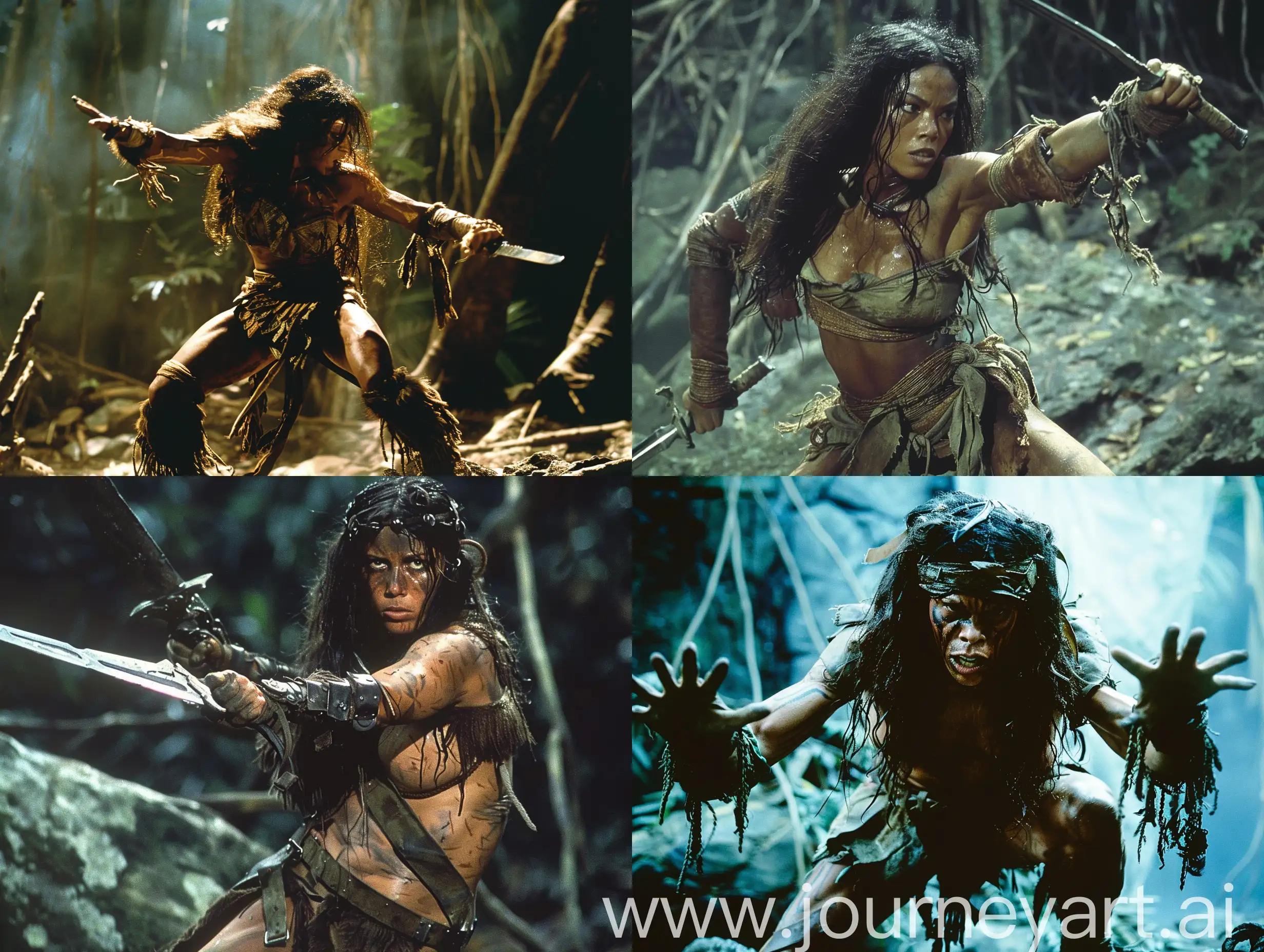 feral female barbarian, dymanic pose. set piece action scene from movie in style of Aguirre, the Wrath of God (1972), Jurassic Park (1993), Predator (1987), Apocalypse Now (1979), Jumanji: Welcome to the Jungle (2017), King Kong (2005), The Emerald Forest (1985), Romancing the Stone (1984), Death in the Garden (1956)