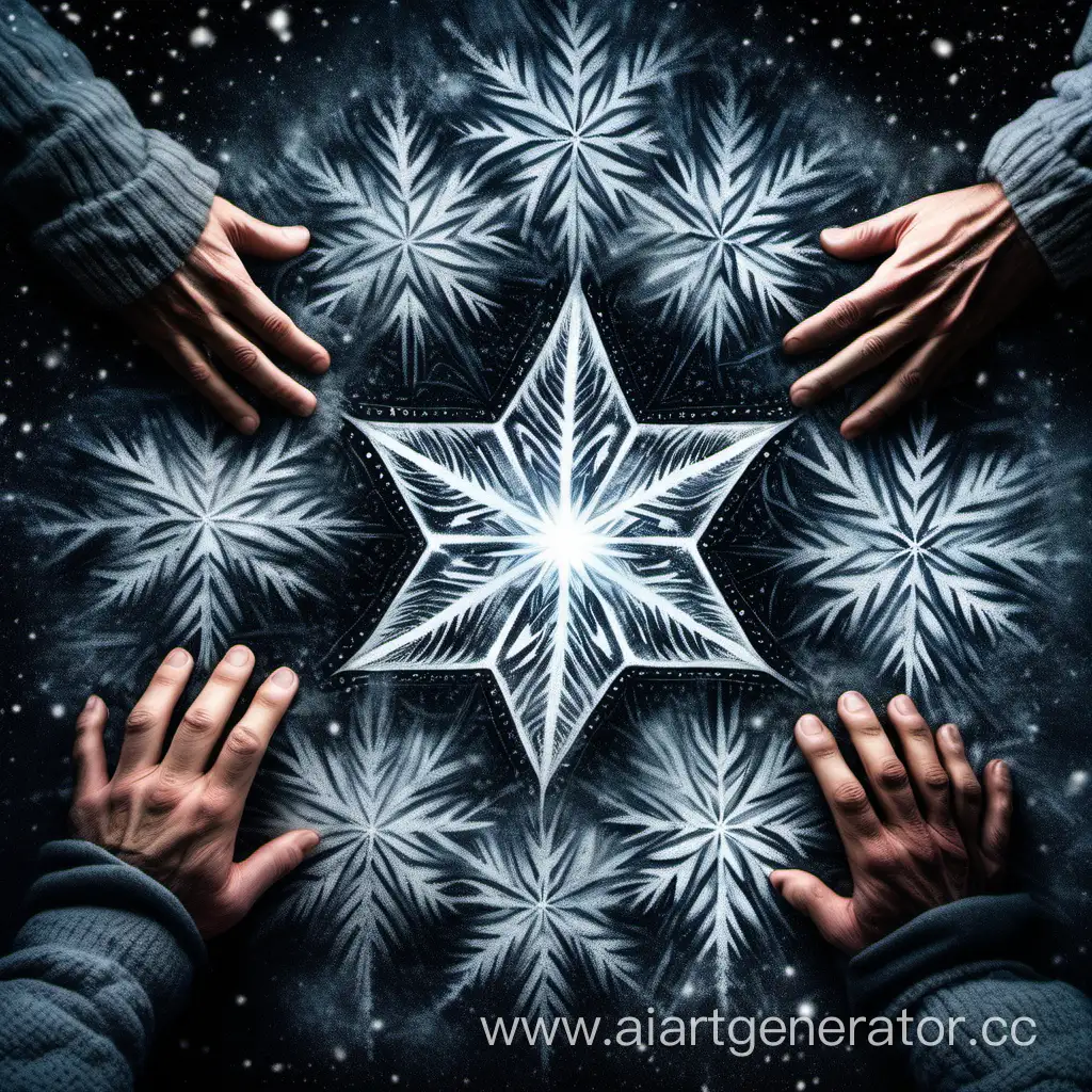 Зима, морозные узоры, 4 мужские руки тянутся из углов в центр к звезде, звезда горит ярким светом